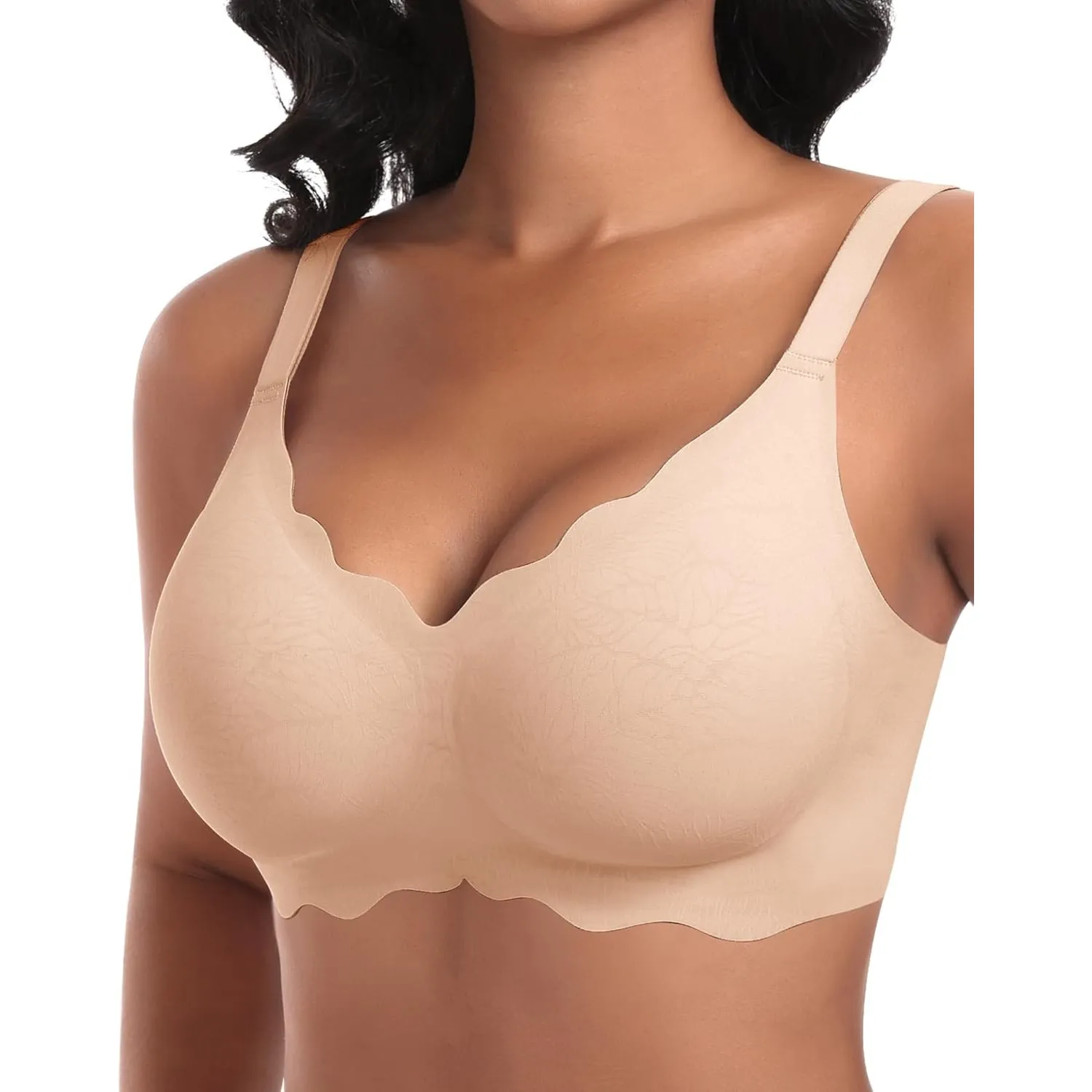 Ganado Damen Nahtloser BH Ohne Bügel Tiefem V-Ausschnitt gewellte Ränder Bequemer BH Bralette Soft BHS Bügellos Bustier…