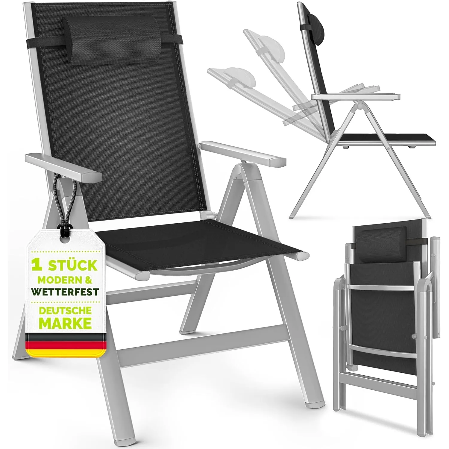 tillvex® Gartenstuhl Hochlehner 1 Stück mit Armlehnen & Kopfkissen