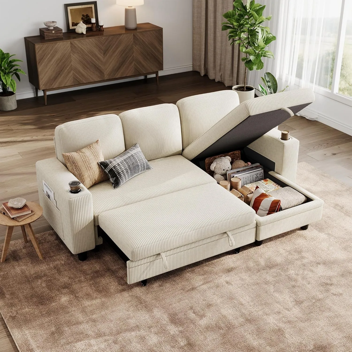 LINSY HOME Schlafsofa Ausziehbarer Couch, Ecksofa mit Schlaffunktion, Stauraum, Cord-Bezug L-Form Modulare Sofas mit Ch…