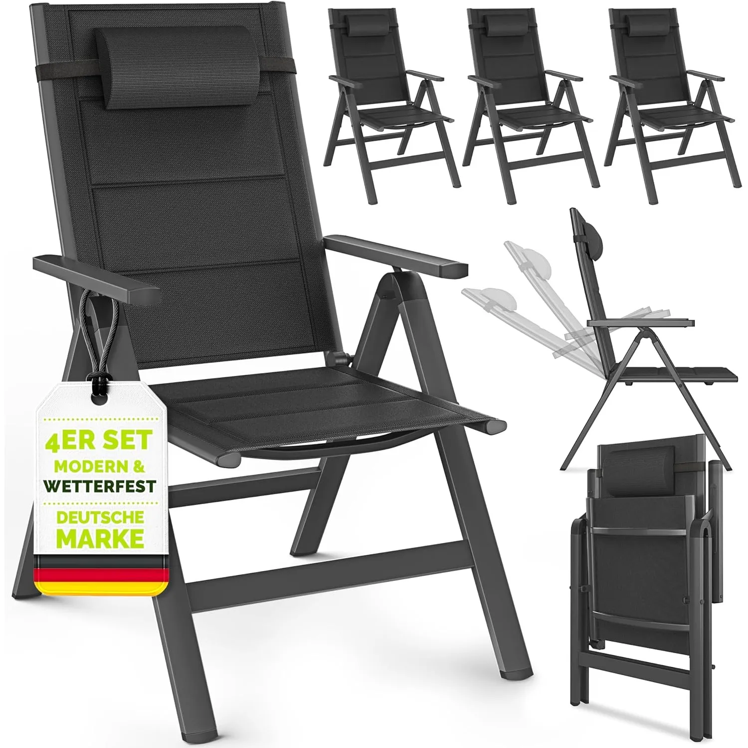 tillvex® Gartenstuhl Hochlehner 4er Set mit Armlehnen & Kopfkissen