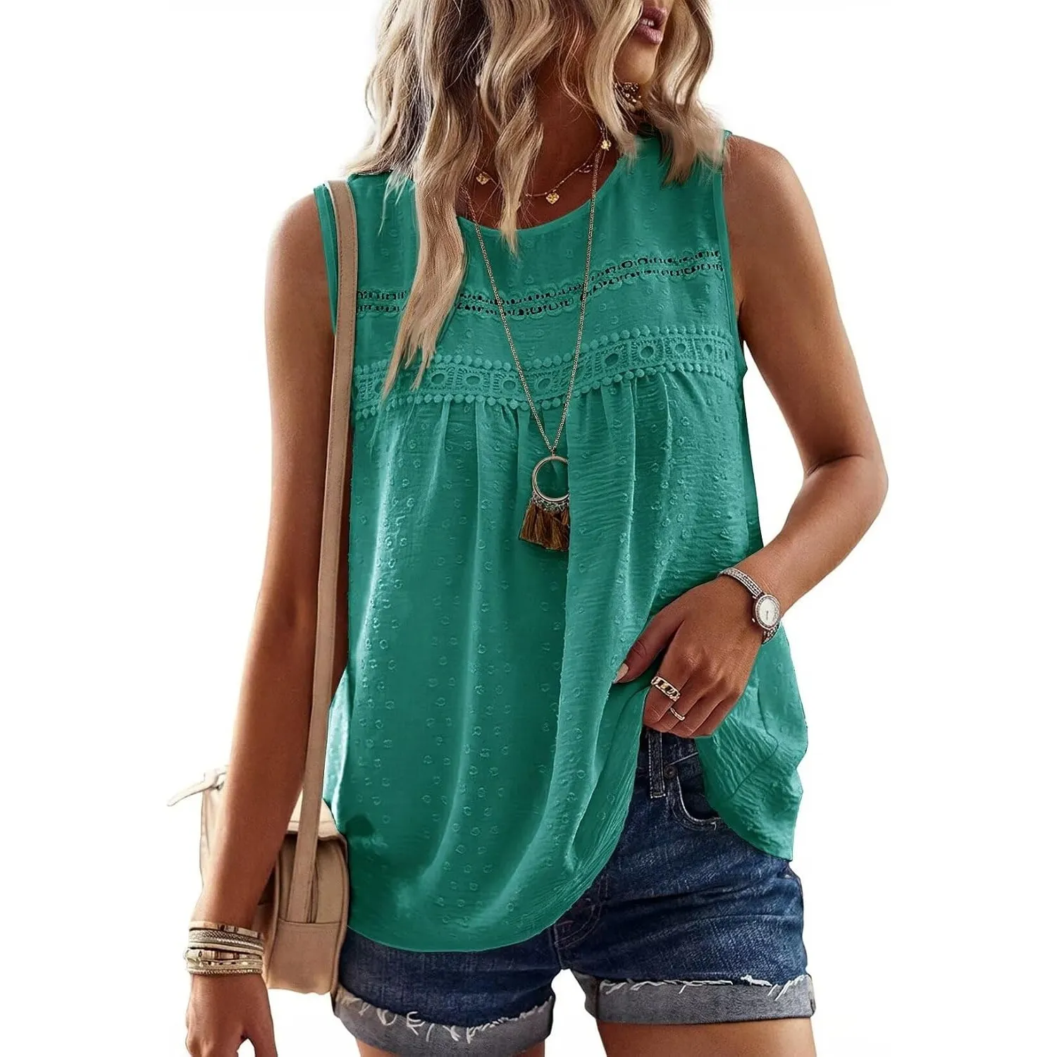 Tank Top Damen Sommer Bluse Ärmellose Oberteile Elegant Swiss Dot | Rundhal Ausschnitt Oberteile, Boho Swiss Dot T Shir…
