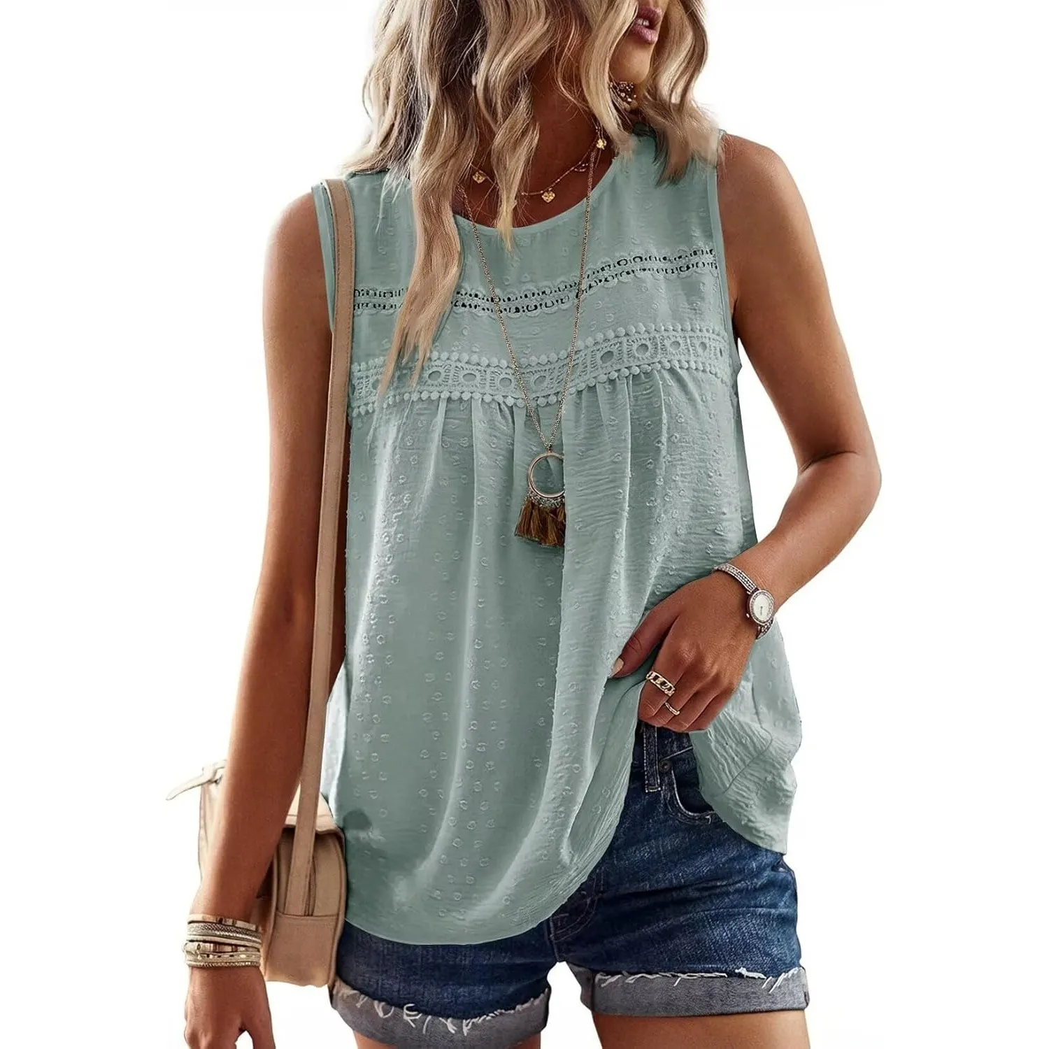 Tank Top Damen Sommer Boho Bluse Ärmellose Oberteile Fließend Elegant Rundhal T Shirt Lässig Basic Sexy Spitze Outfits