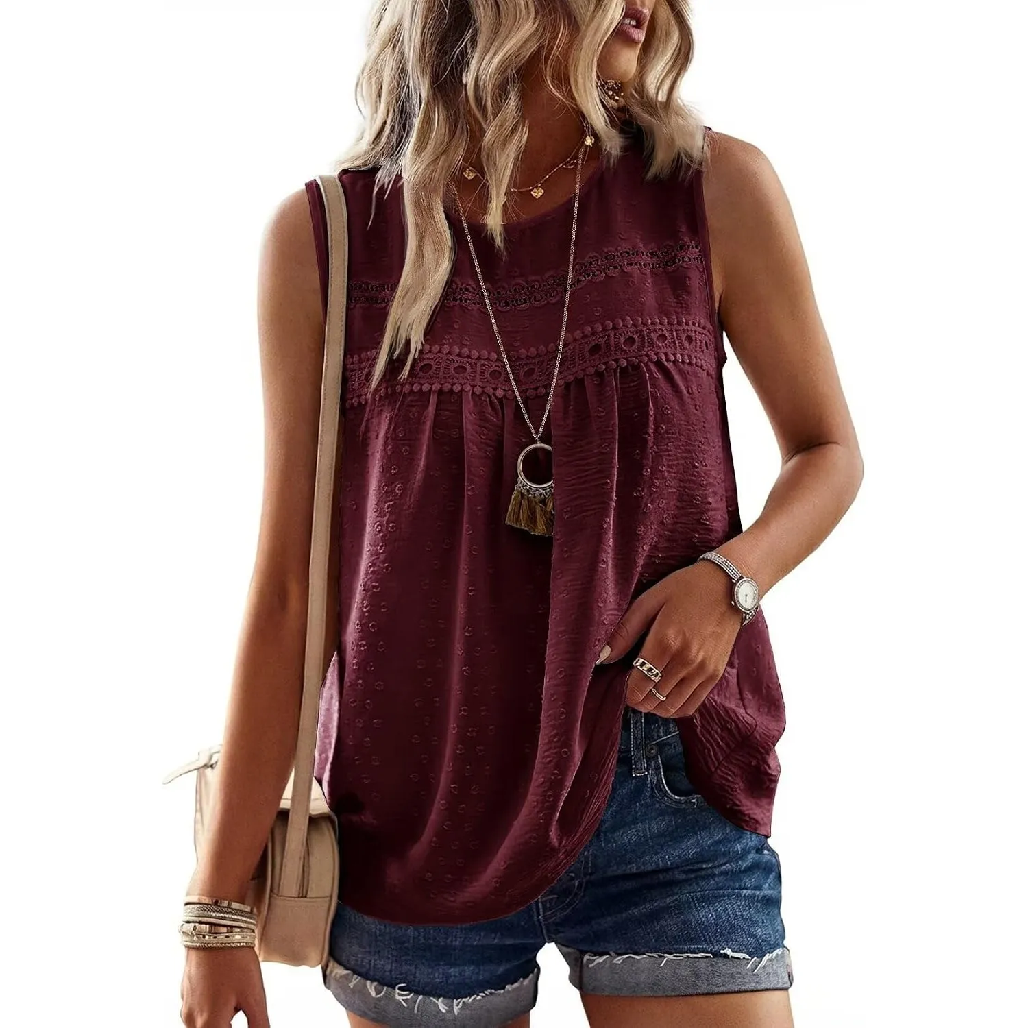 Tank Top Damen Sommer Bluse Ärmellose Oberteile Elegant Swiss Dot | Rundhal Ausschnitt Oberteile, Boho Swiss Dot T Shir…