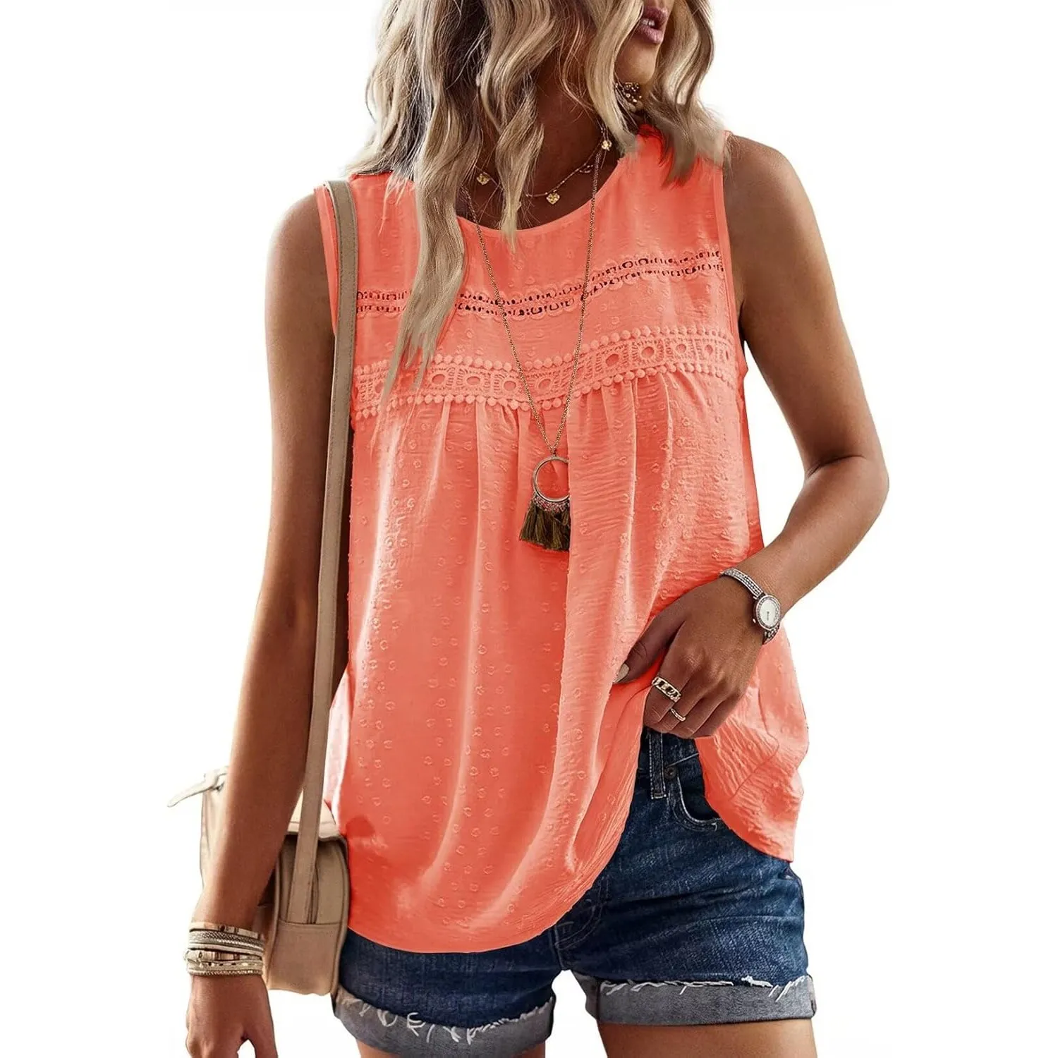 Tank Top Damen Sommer Boho Bluse Ärmellose Oberteile Fließend Elegant Rundhal T Shirt Lässig Basic Sexy Spitze Outfits