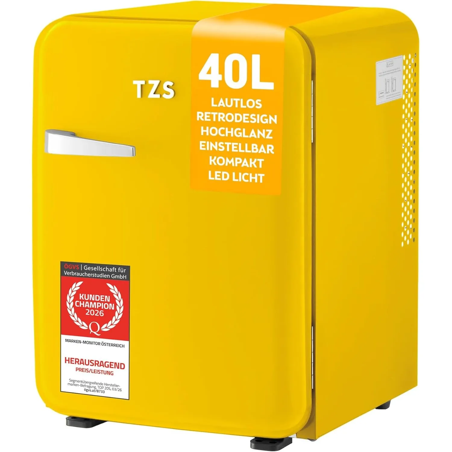 TZS First Austria - Retro Mini Kühlschrank 40L - Lautlos - Vintage Minibar für Schlafzimmer & Büro - gelb