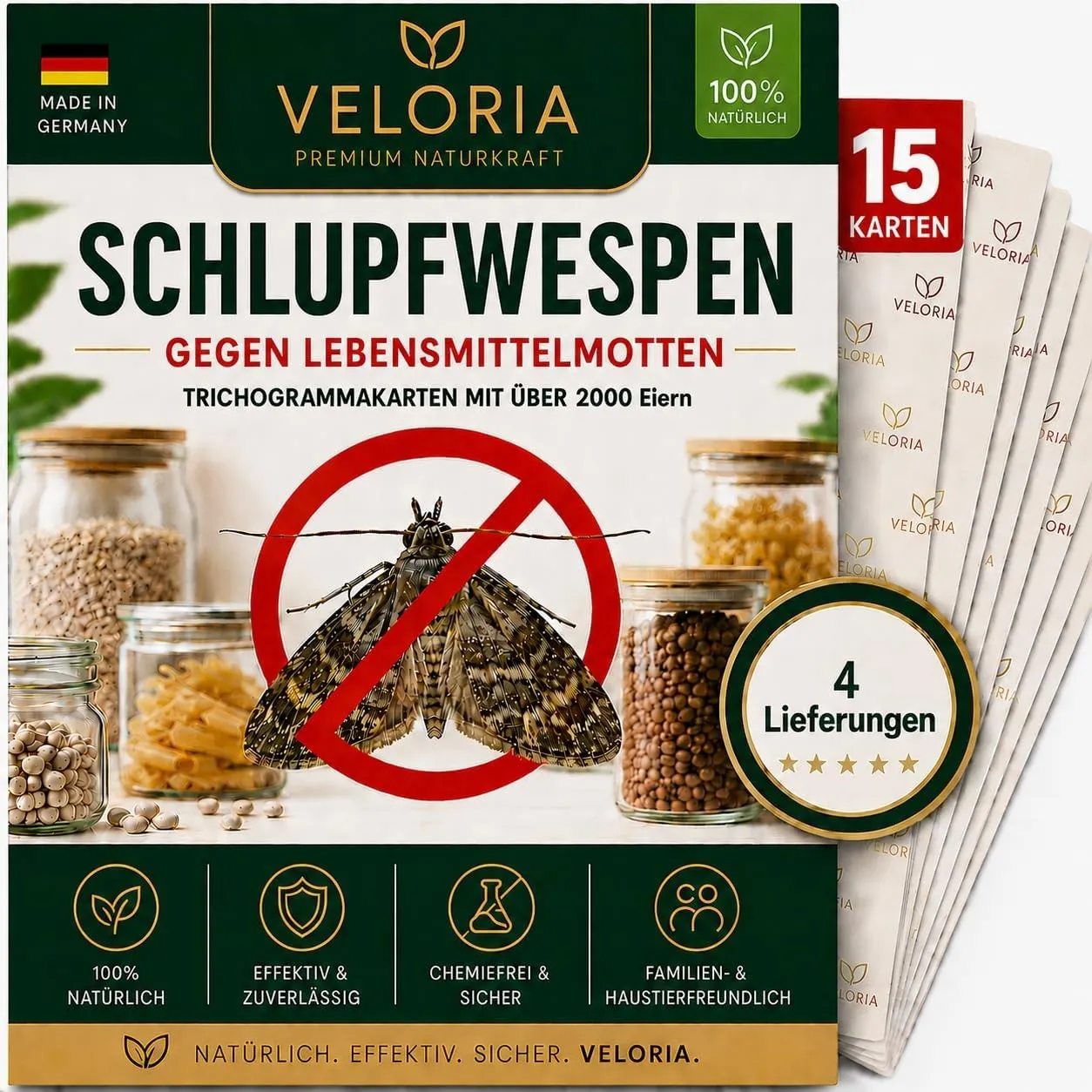 VELORIA Schlupfwespen gegen Lebensmittelmotten - 60 Karten (15 Karten à 4 Lieferungen) - Effekt. Lebensmittel Motten be…