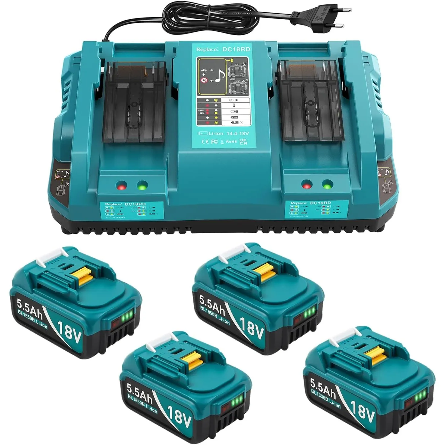 DC18RD Ladegeräte und 4×5.5Ah Ersatzakkus für Makita 18V Akkus