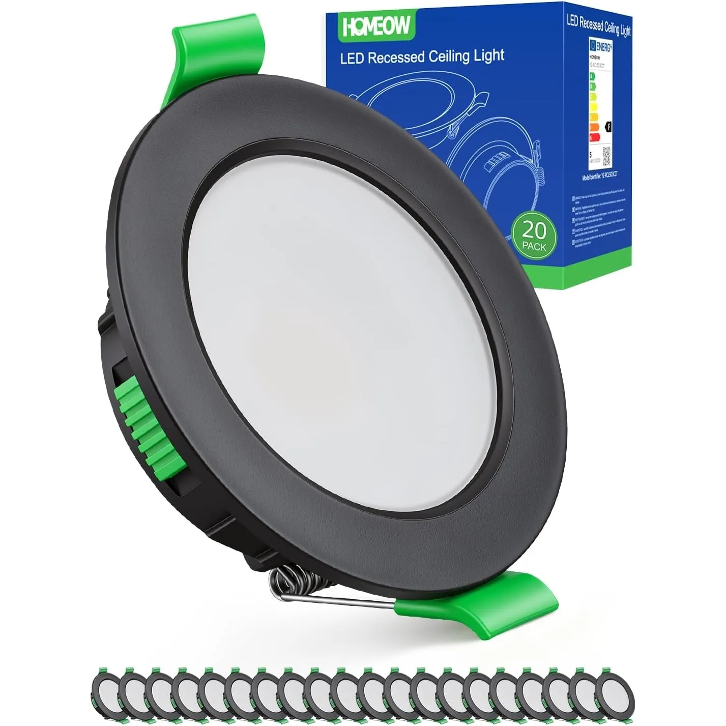 HOMEOW 20er Set LED Einbaustrahler 230V Schwarz 55mm – 68mm Lochmaß