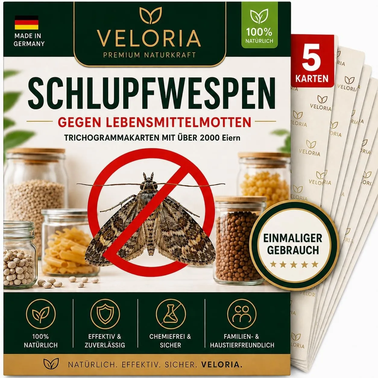 VELORIA Schlupfwespen gegen Lebensmittelmotten - 5 Karten à 1 Lieferung - Effektiv Lebensmittel Motten bekämpfen - Alte…