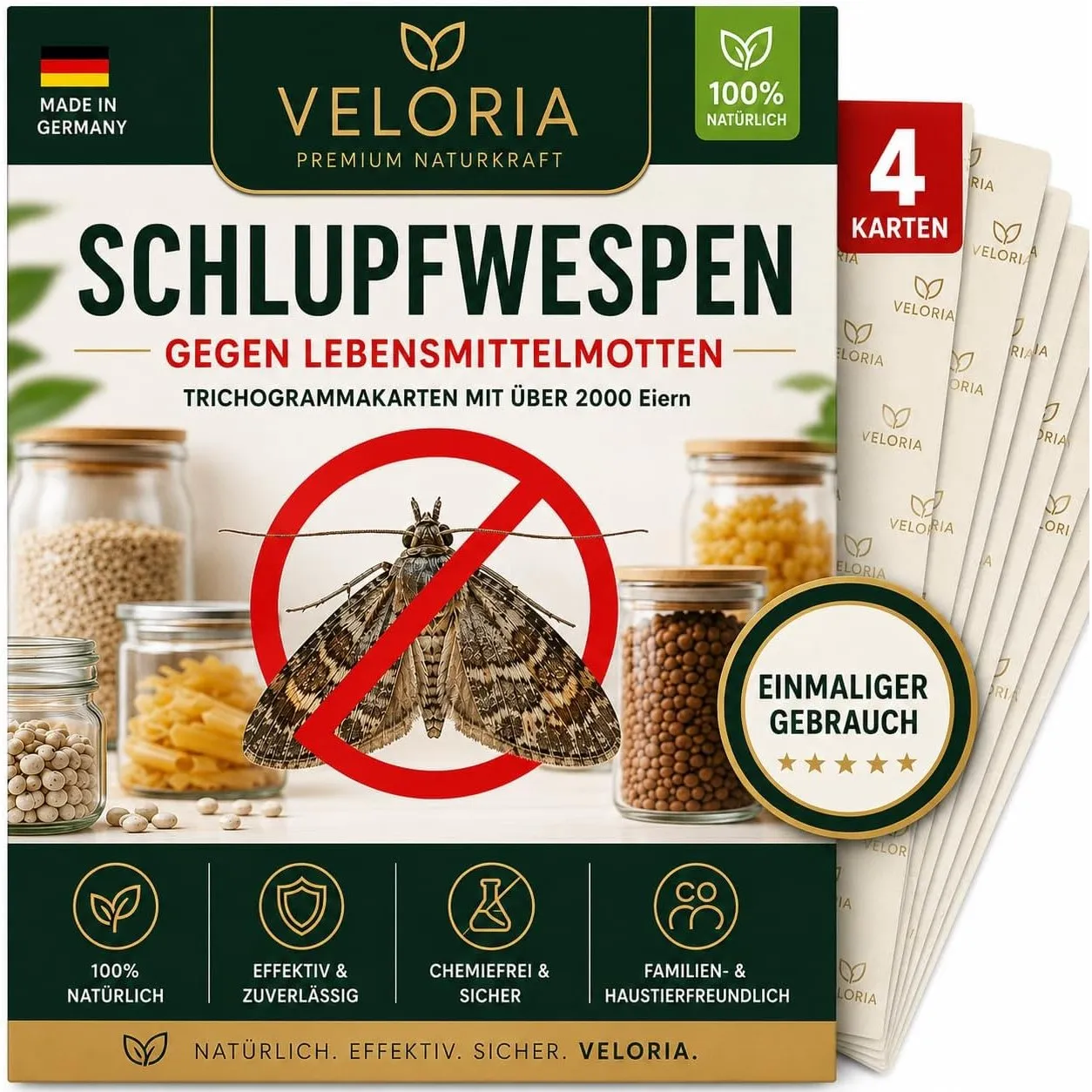 VELORIA Schlupfwespen gegen Lebensmittelmotten - 4 Karten à 1 Lieferung - Effektiv Lebensmittel Motten bekämpfen - Alte…