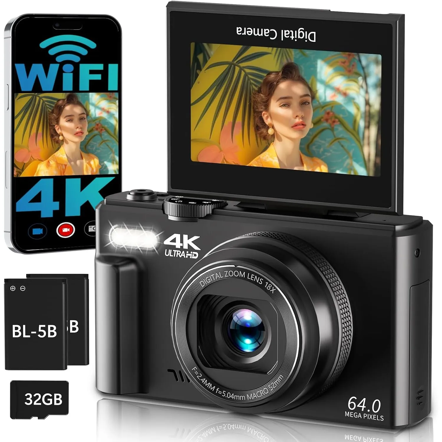Digitalkamera 4K mit WLAN 64MP Kamera Fotokamera 3" 180° Flip Screen Fotoapparat Digital Kamera Kompaktkamera für Anfän…