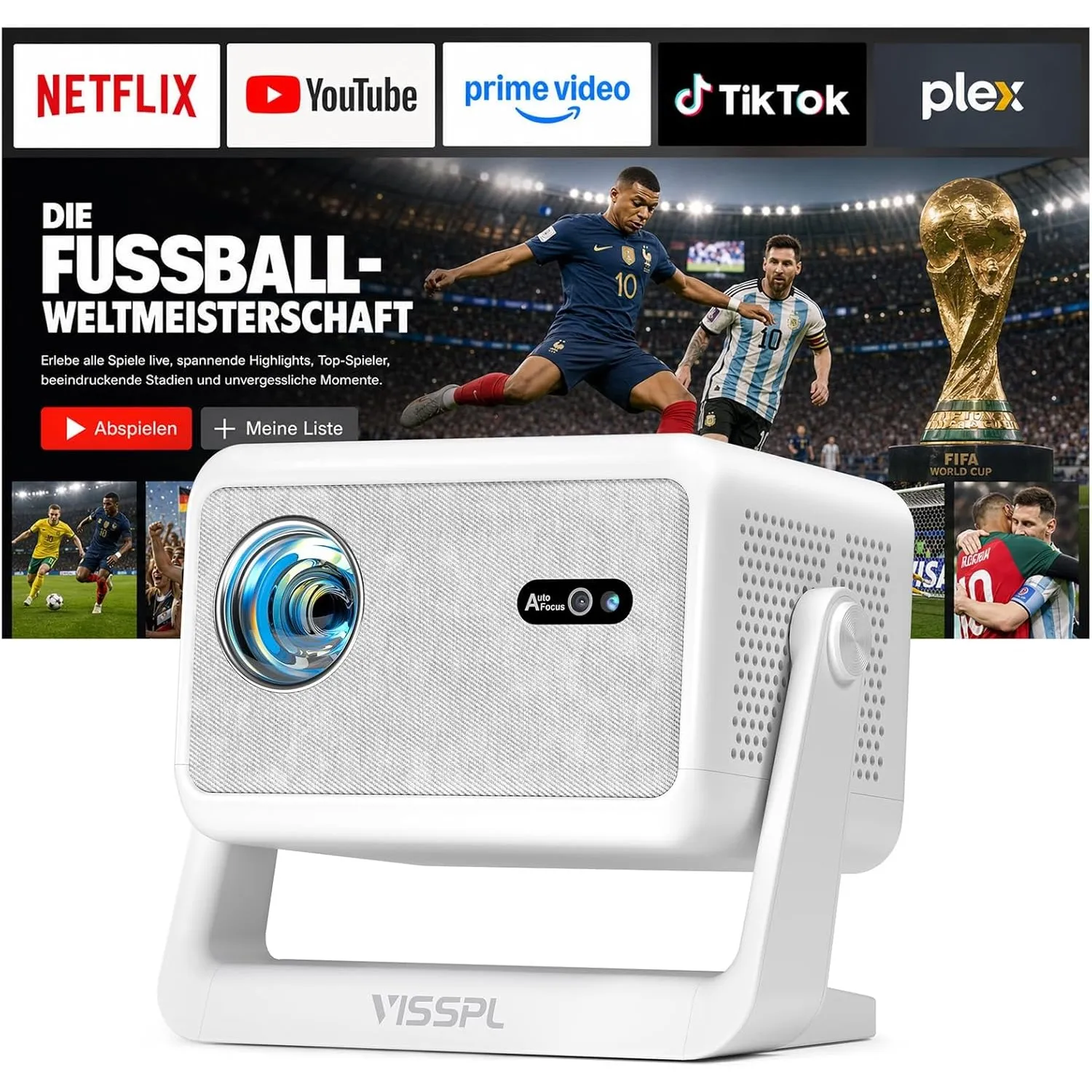 Smart Mini Beamer 4k [Offiziell Lizenzierter APP ] VISSPL 3000ANSI 4K Heimkino & Outdoor Beamer, Autofokus/Trapezkorrek…