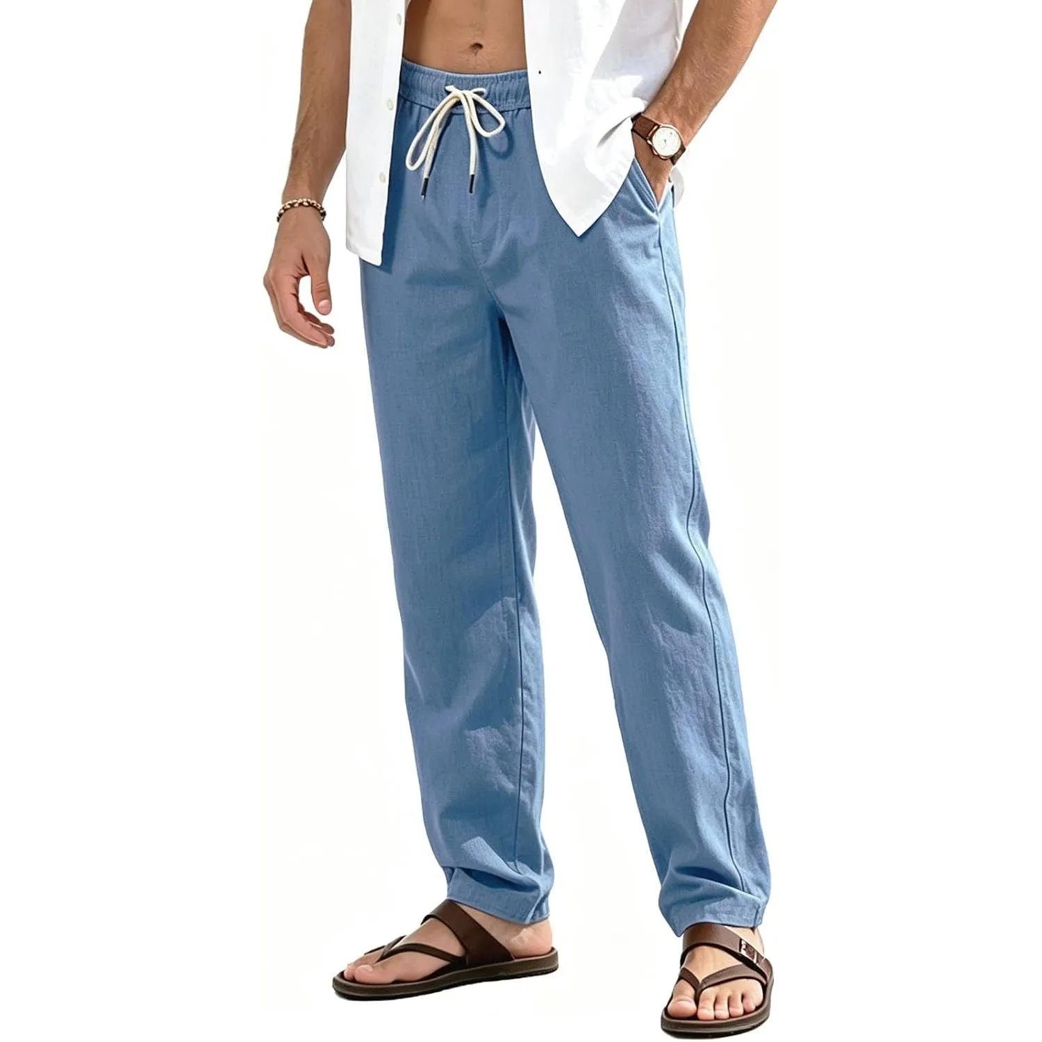 FizzPop Leinenhose Herren Lang Leichte Sommerhose Loose Fit Freizeithose mit Taschen Gummizug Kordelzug für Urlaub Stra…