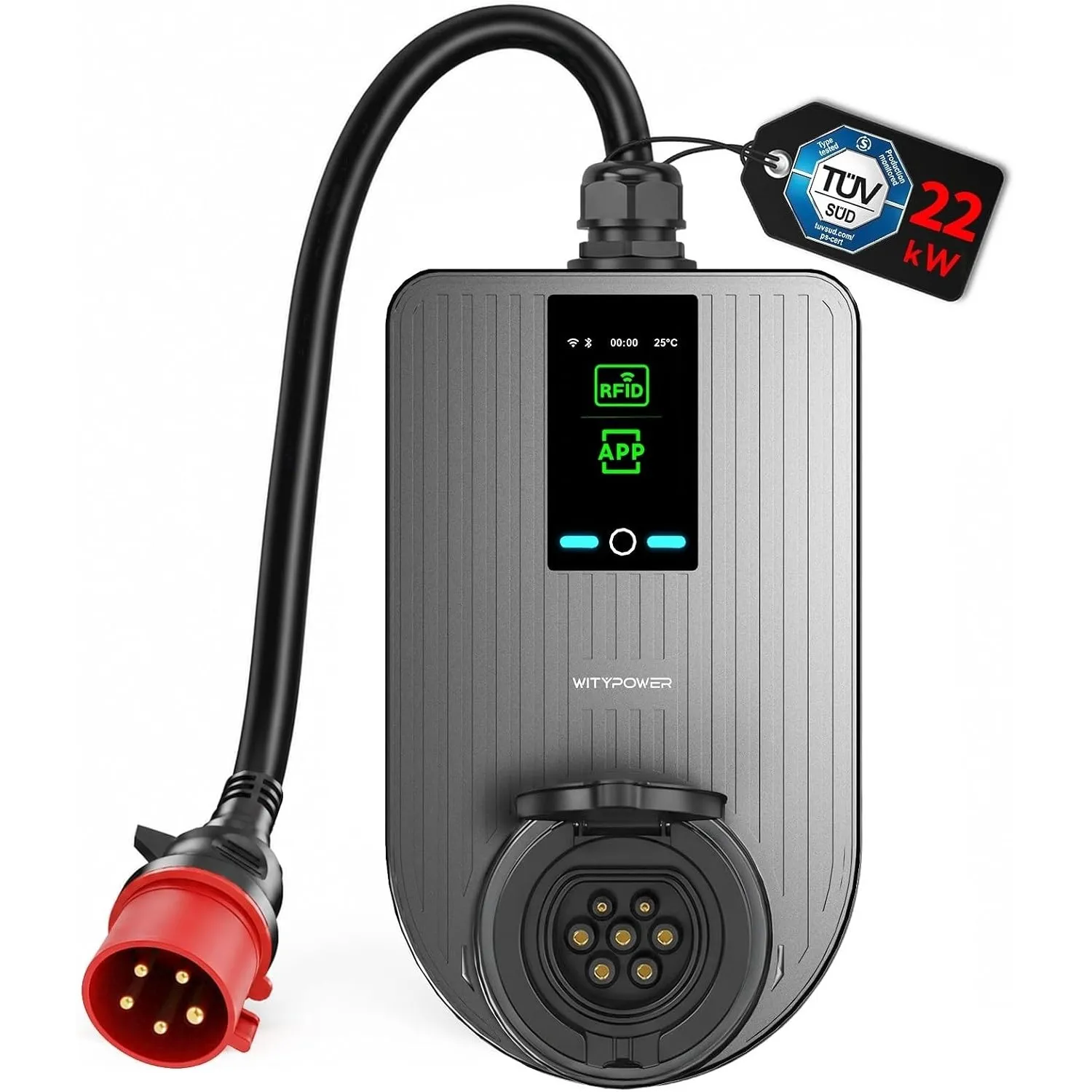 Mobile Wallbox 22kW mit APP & RFID CEE Stecker 32A & Typ 2 Socket
