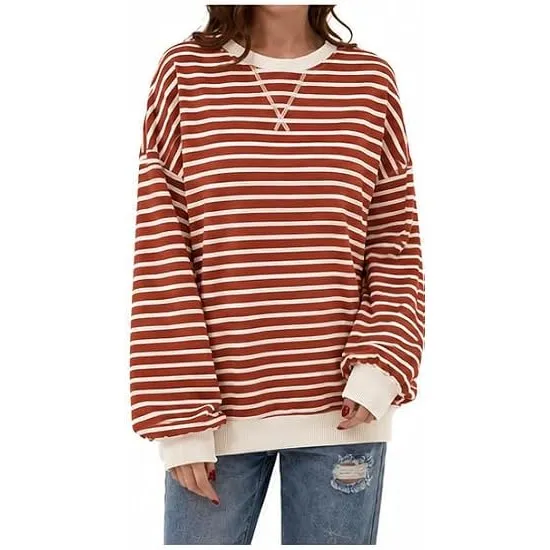 DUOEASE Pullover Damen Streifen Oversize Pullover Langarm Herbst Rundhals Sweatshirt Y2K Oberteile