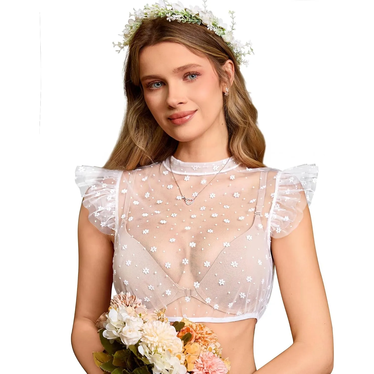 Funspread Dirndlbluse Damen Weiß - Trachtenbluse mit Flügelärmeln aus Tüll mit Blümchen und Punkten für Oktoberfest