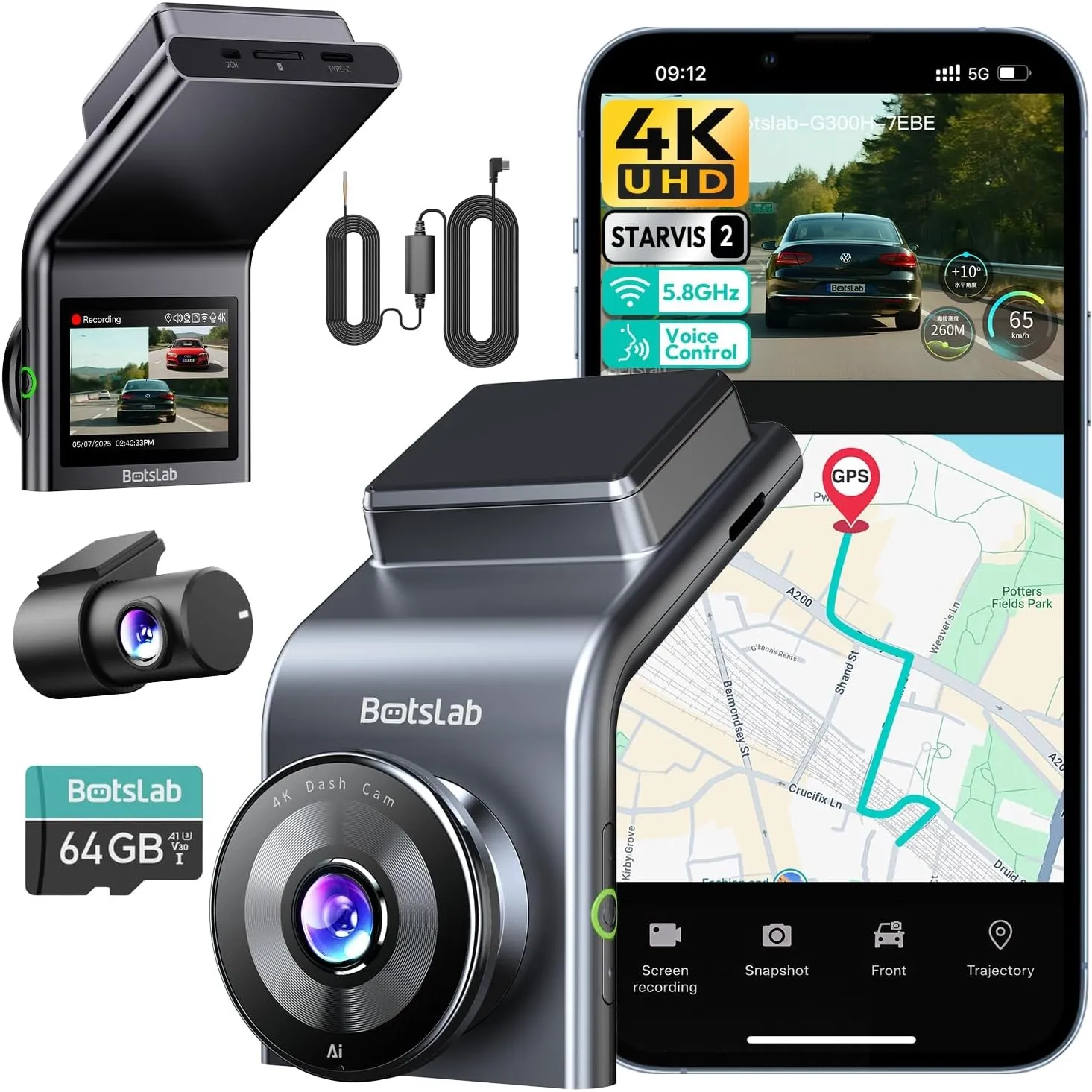 BOTSLAB 4K Dashcam Auto Vorne Hinten mit STARVIS 2, Dual Dash Cam 4K+1080P mit Hardwire-Kit & 64GB SD-Karte,24H Parkübe…