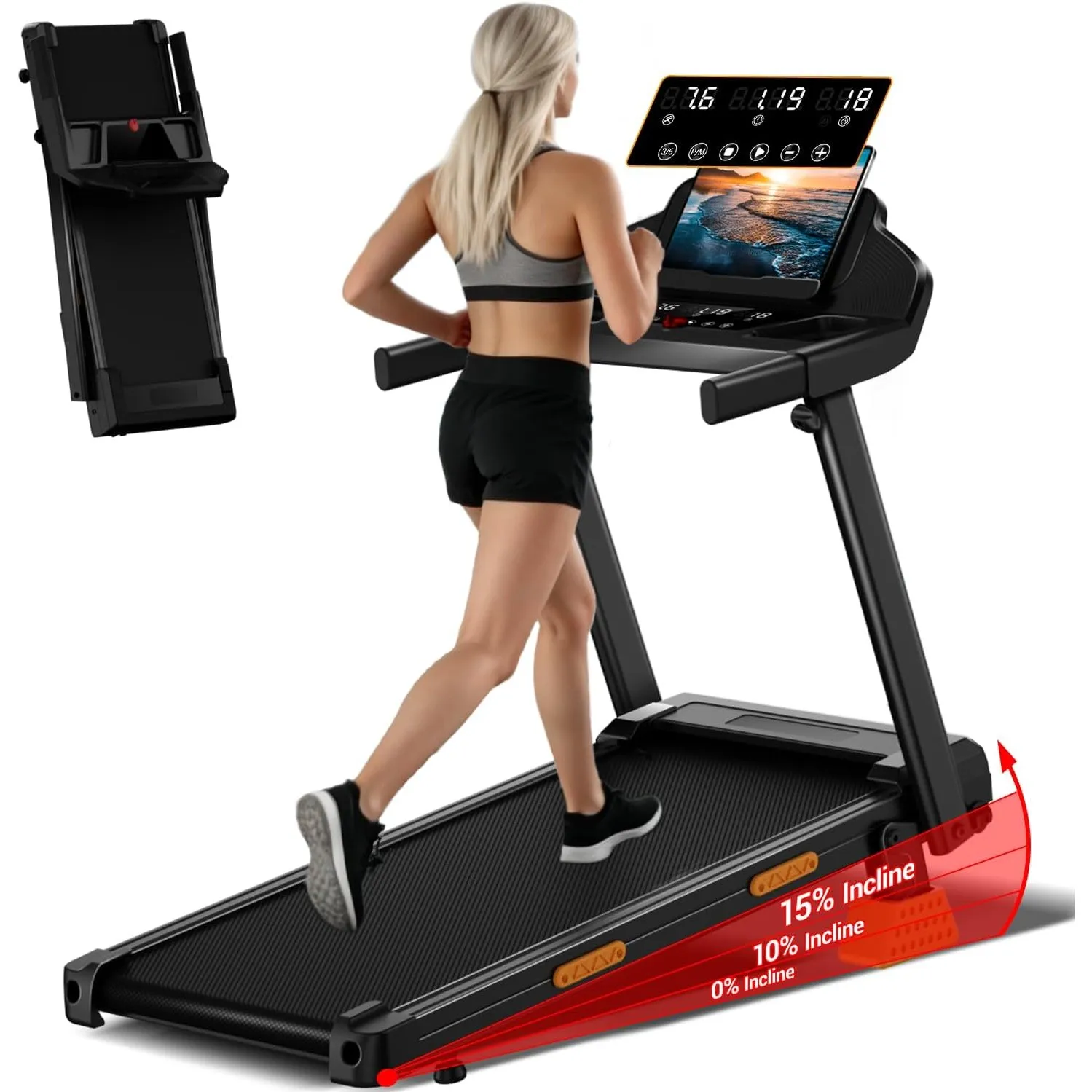 LONTEK Laufband für Zuhause Klappbar mit Steigung 15% | Laufbänder 12KM/H,Treadmill for Home mit 3,0-PS-Motor und LED-A…
