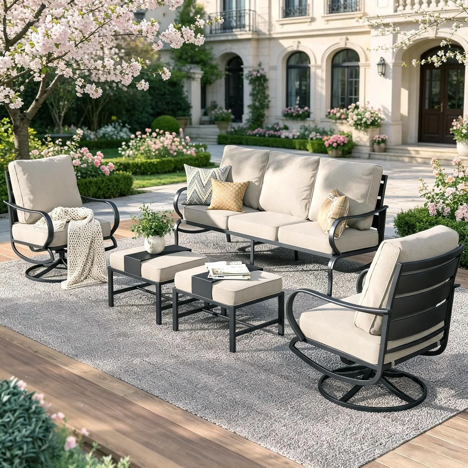 PHI VILLA Gartenmöbelsets 7-Sitzer, 5-teiliges Metall Lounge Möbel Outdoor mit 2 Ottomanen und 2 Schwenkbaren Armstühle…