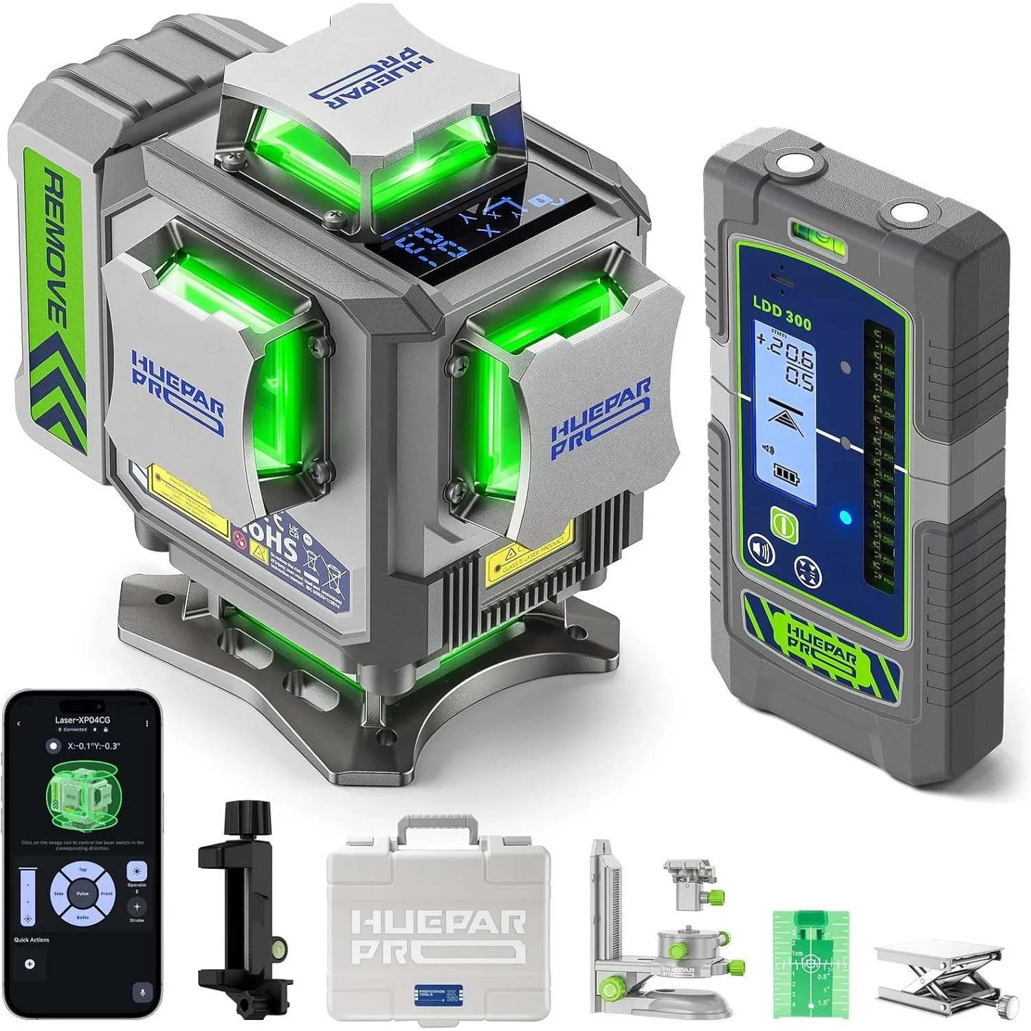 Huepar Pro Outdoor-Laser-Wasserwaage mit Empfänger, Display und Bluetooth-Steuerung, 360°-selbstnivellierendes grünes L…