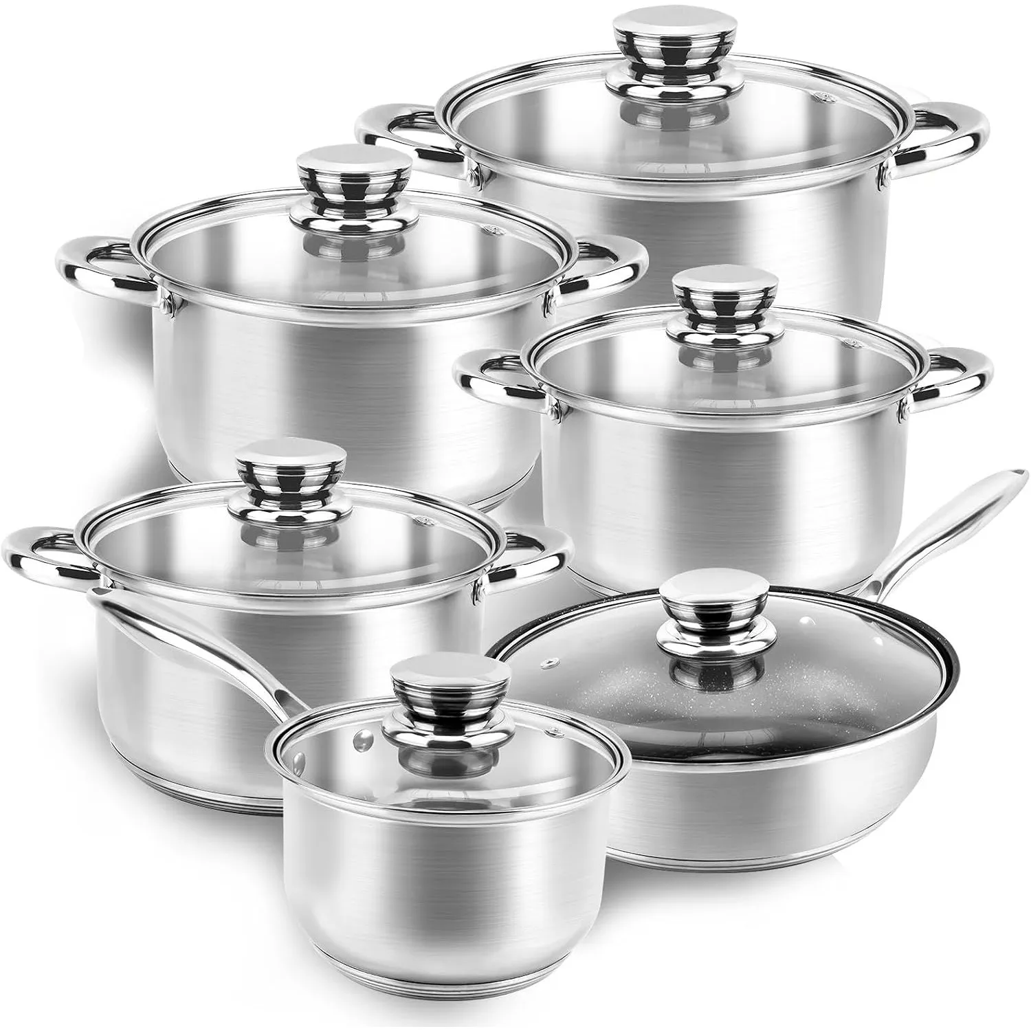 Edelstahl Topfset Induktion - 12-teiliges Antihaft Pfannenset, 1 Bratpfanne 5 Töpfe 6 Deckel, mit Kühlen Griffen, Induk…