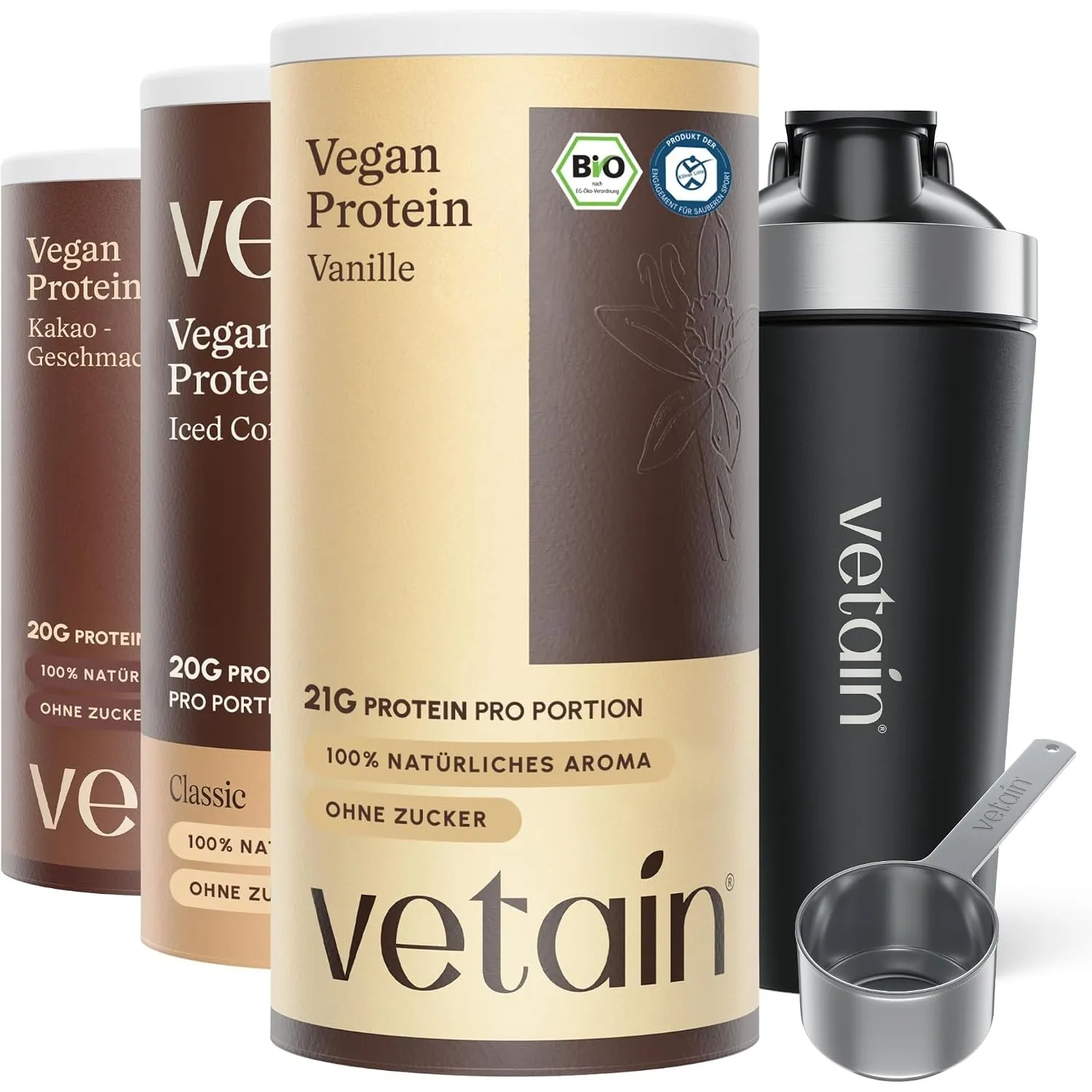 VETAIN Vegan Protein Set – 3x Proteinpulver: Vanille, Kakao & Iced Coffee – 21g Protein – inkl. GRATIS Edelstahl Shaker…