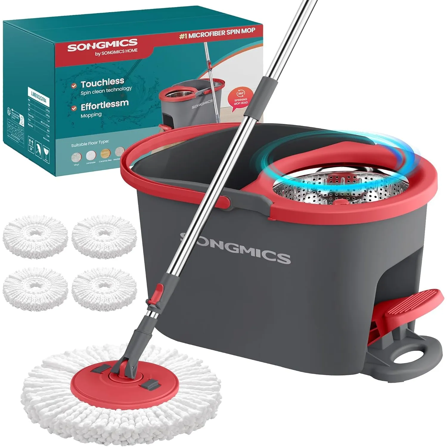 SONGMICS Wischmopp-Set mit Eimer, mit Schleuder, 4 Mikrofaserbezüge