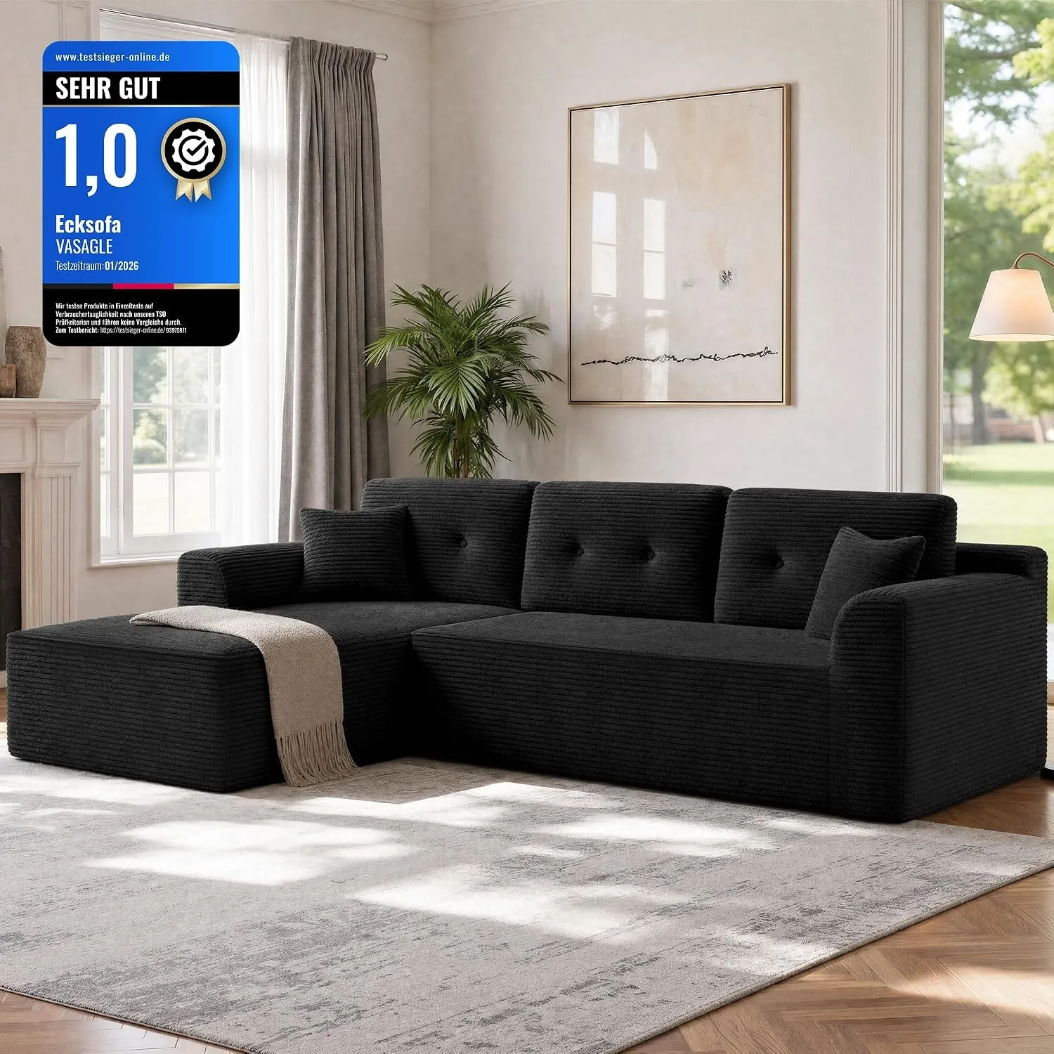 VASAGLE Ecksofa, modulares Sofa 244 cm breit, vakuumverpackt, Schlafsofa, Keine Montage erforderlich, mit großer Chaise…