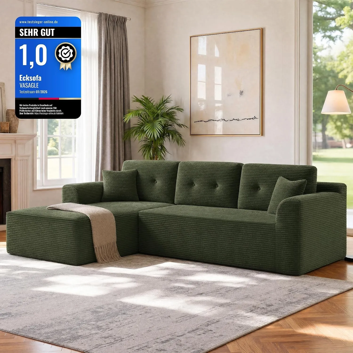 VASAGLE Ecksofa, modulares Sofa 244 cm breit, vakuumverpackt, Schlafsofa, Keine Montage erforderlich, mit großer Chaise…