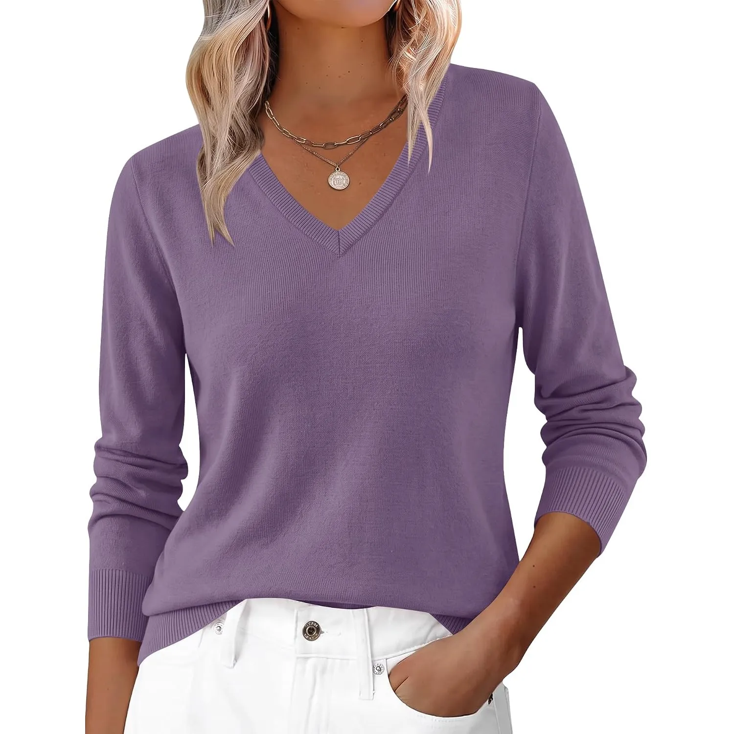 Kistore Pullover Damen Langarm V-Ausschnitt Oberteile Wolle Blend Sweater