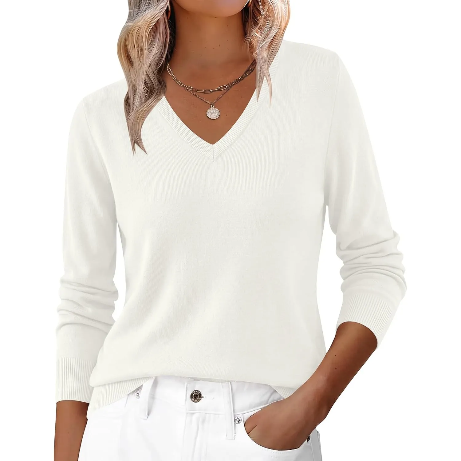 Kistore Pullover Damen Langarm V-Ausschnitt Oberteile Wolle Blend Sweater