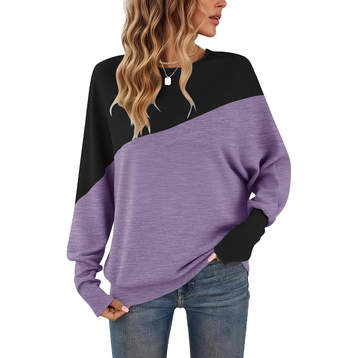 WNEEDU Langarmshirt Damen ColorBlcok Fledermausärmel Herbst Pullover Damen