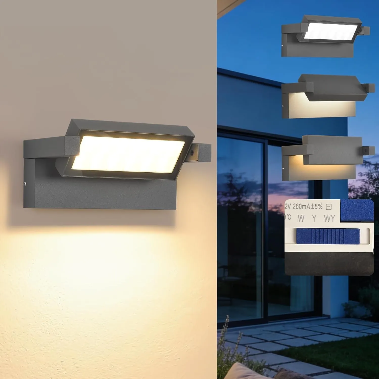SANSHI 24W LED Wandleuchte Innen/Aussen mit 350°Schwenkbar Panel,Anthrazit