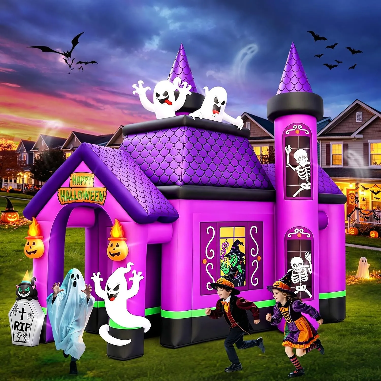 Kalolary 12 Fuß Großer Aufblasbarer Halloween Tunnel mit Hexenmotiv
