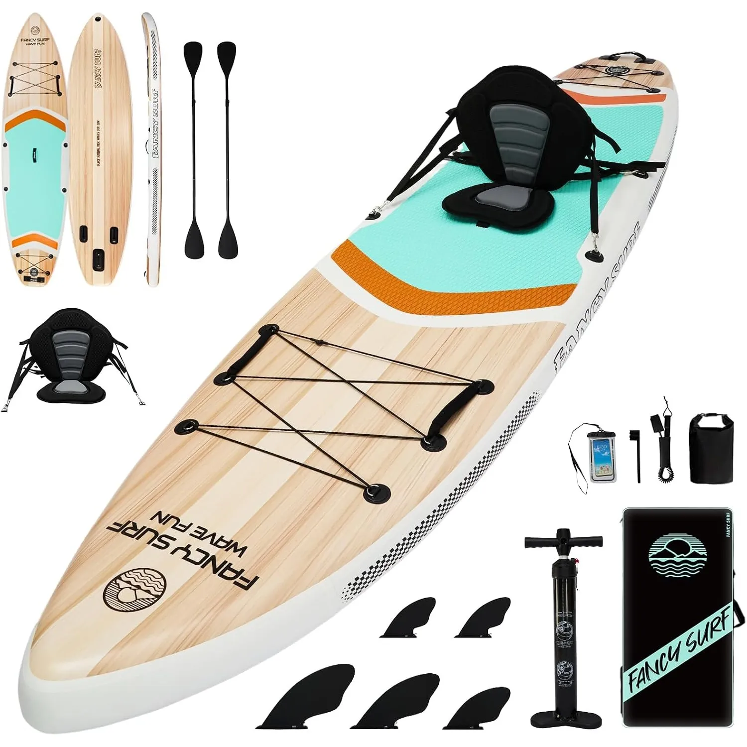 366cm x 90cm Aufblasbares Stand Up Paddling Board mit Kajaksitz, 250kg Sup Paddle Board for Adults with Pump, Fins, Bac…