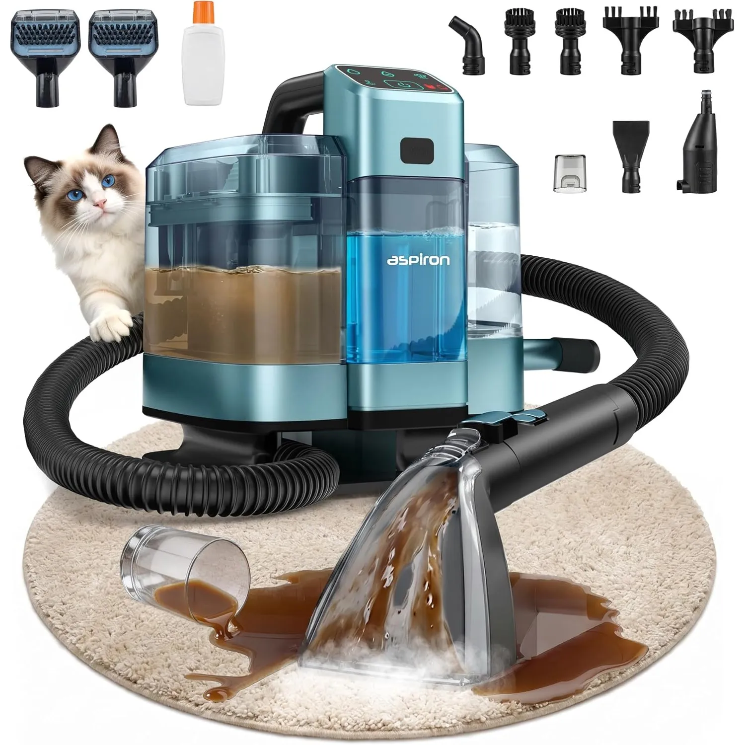 Aspiron Polsterreiniger Gerät, 3-in-1 Dampfreiniger mit Heiß-/Kaltwasser- und Dampfwäsche, 300 ML Teppichreiniger, Nass…