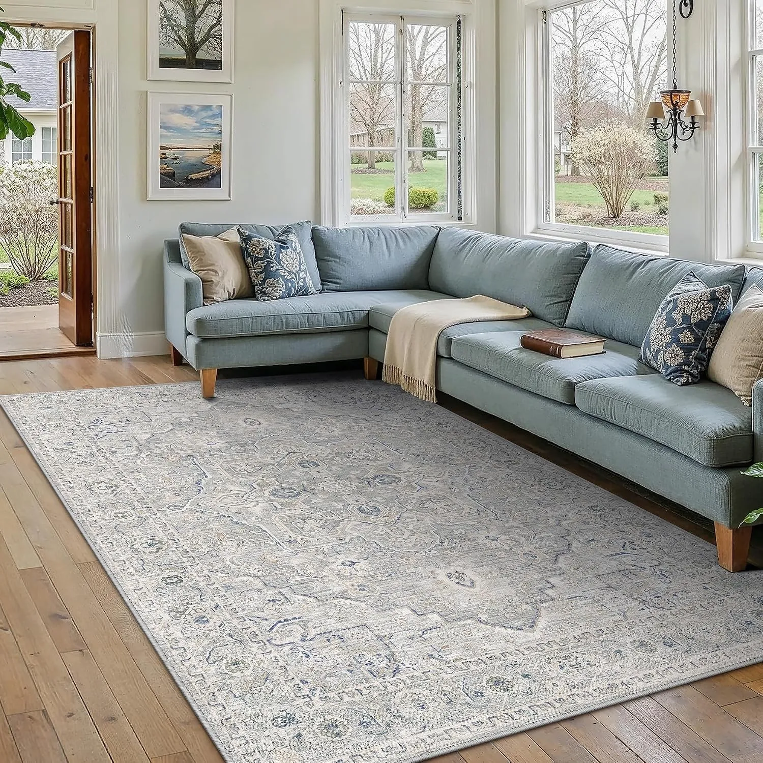 PureCozy Teppich Wohnzimmer Blau 160x230cm Vintage Wohnzimmerteppich