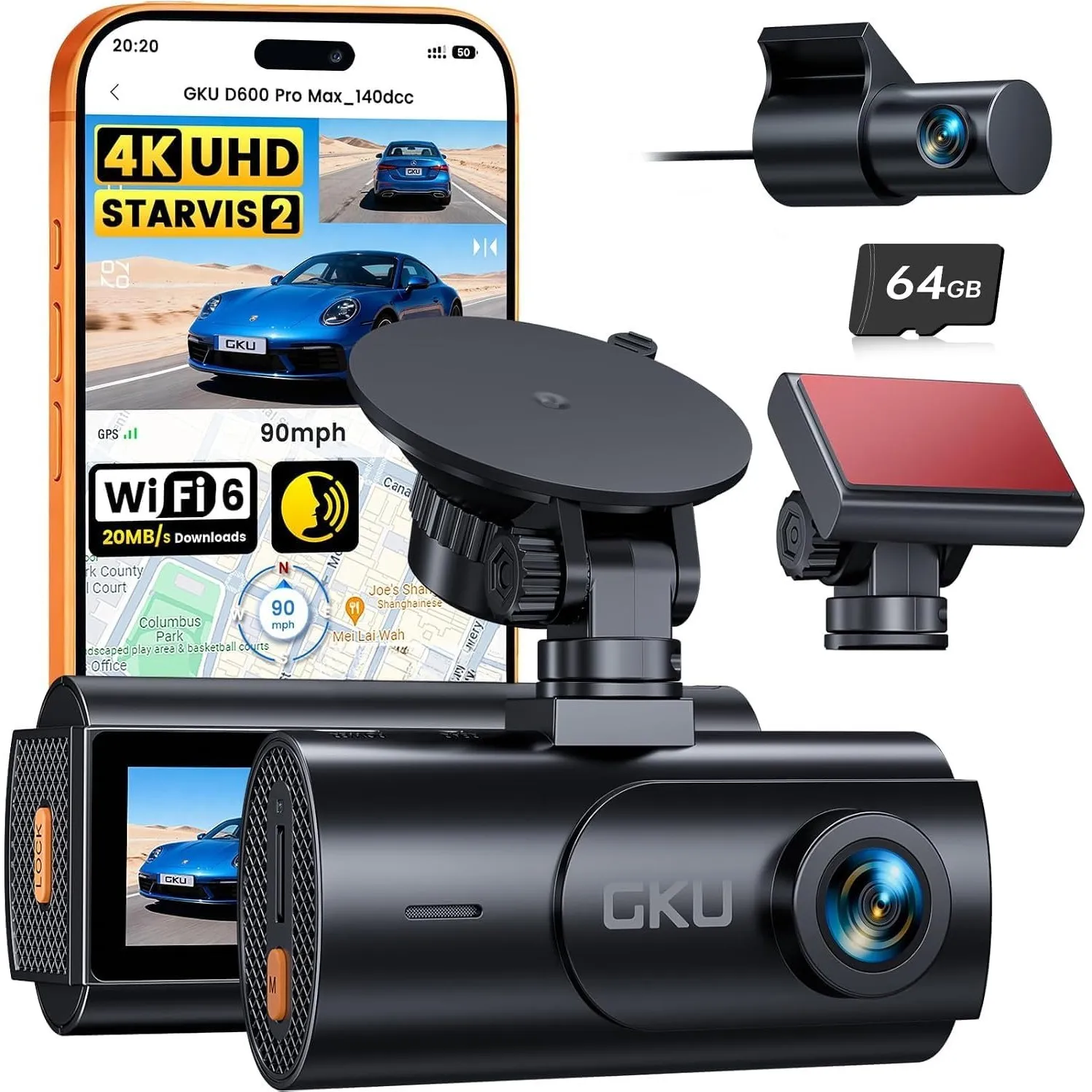 GKU Dashcam Auto Vorne Hinten, 4K mit STARVIS 2, WiFi 6 Dash Cam Auto
