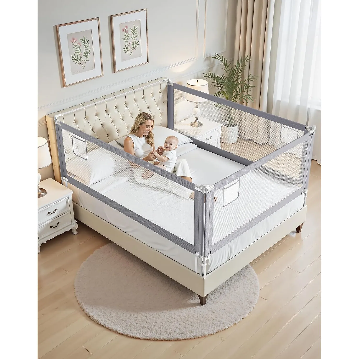 Rausfallschutz Bett (200cm+180cm) | Bettgitter Rausfallschutz für Boxspringbett, höhenverstellbar, mit Befestigungsgurt…