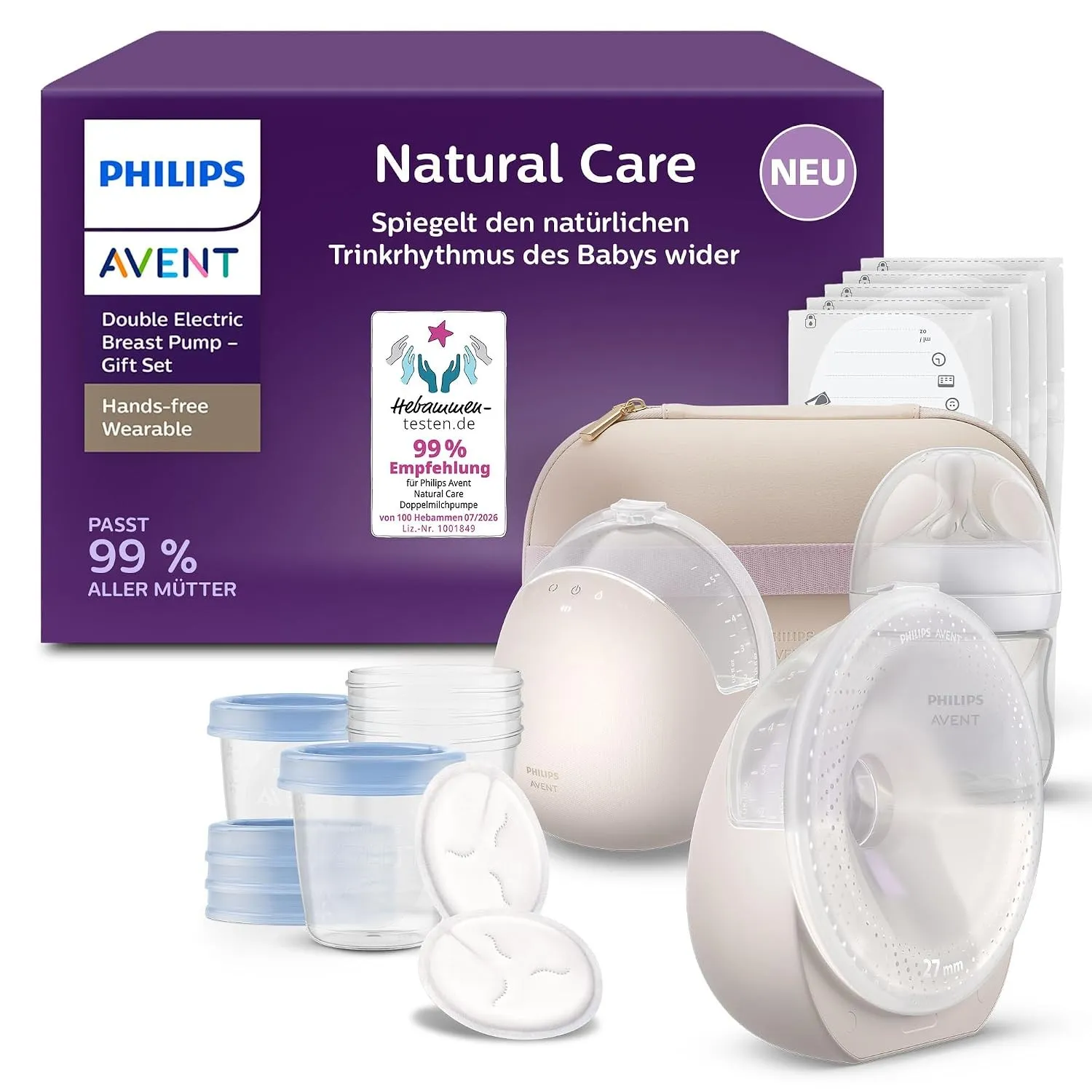 Philips Avent Natural Care Hands-free tragbare elektrische Doppelmilchpumpe – spiegelt den Trinkrhythmus des Babys wide…