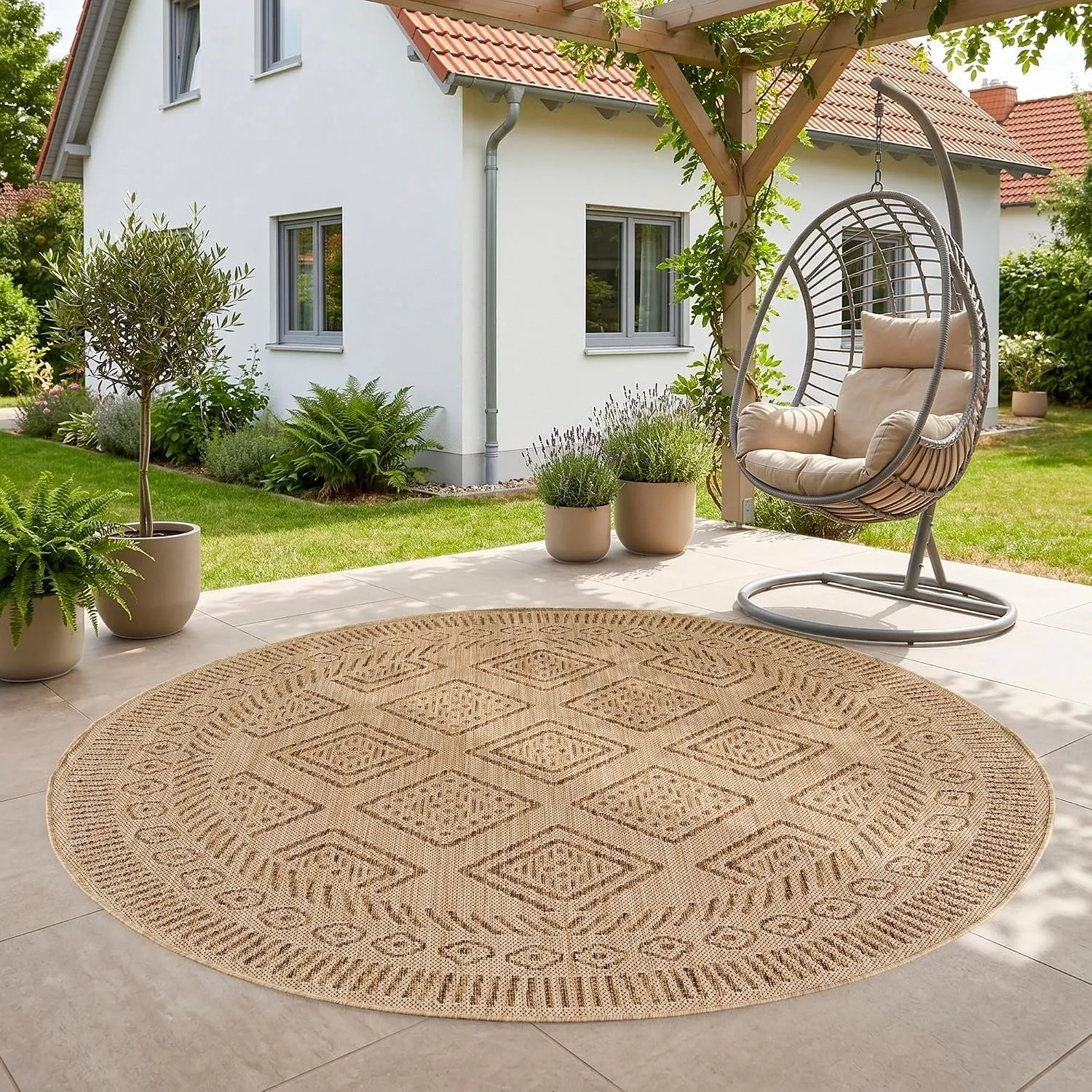 SIMPEX Outdoor Teppich Beige Jute Optik Rund 200 cm Balkon Terrasse Garten Wetterfest UV-beständig Groß XL Rauten Desig…