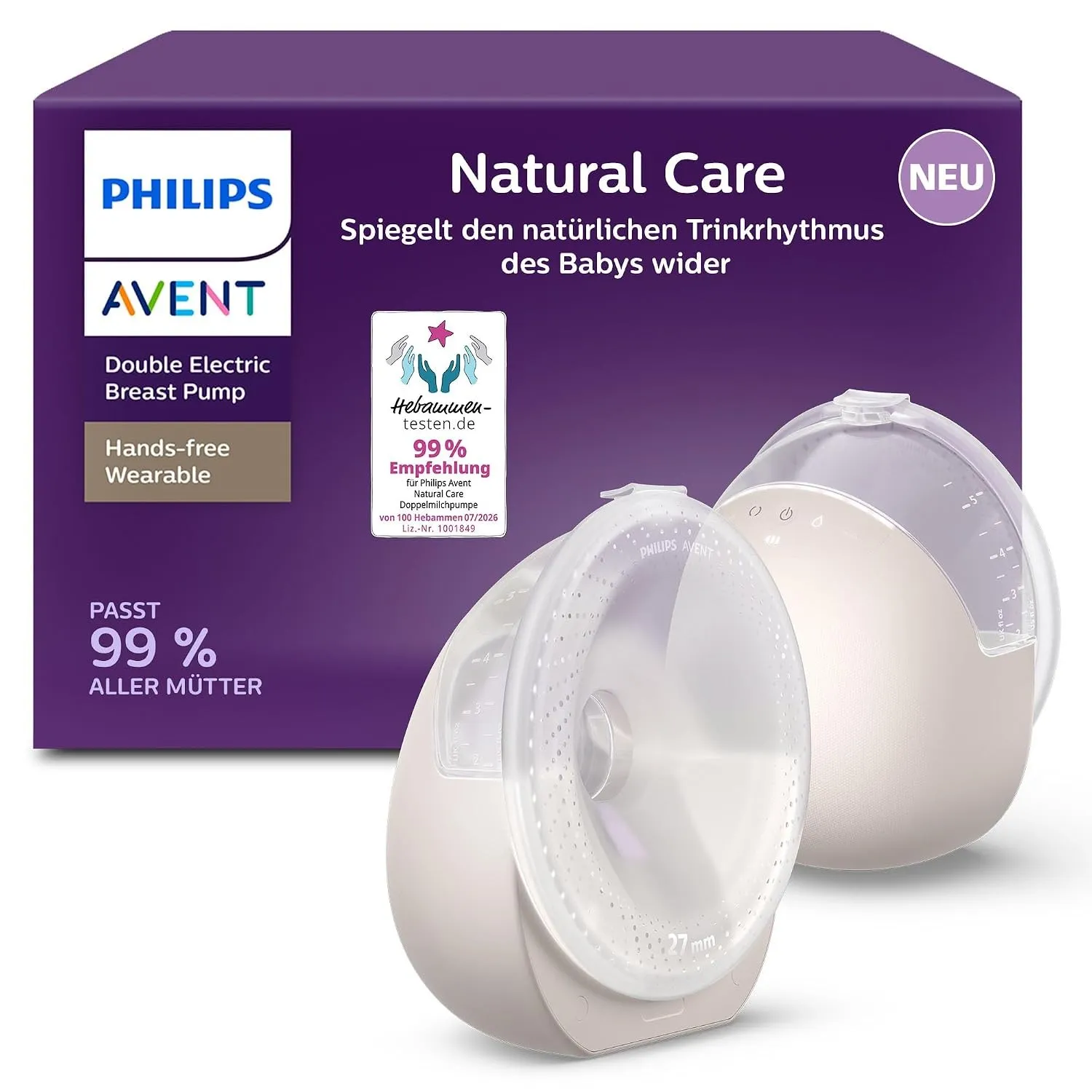Philips Avent Natural Care Hands-free tragbare elektrische Doppelmilchpumpe – spiegelt den Trinkrhythmus des Babys wide…
