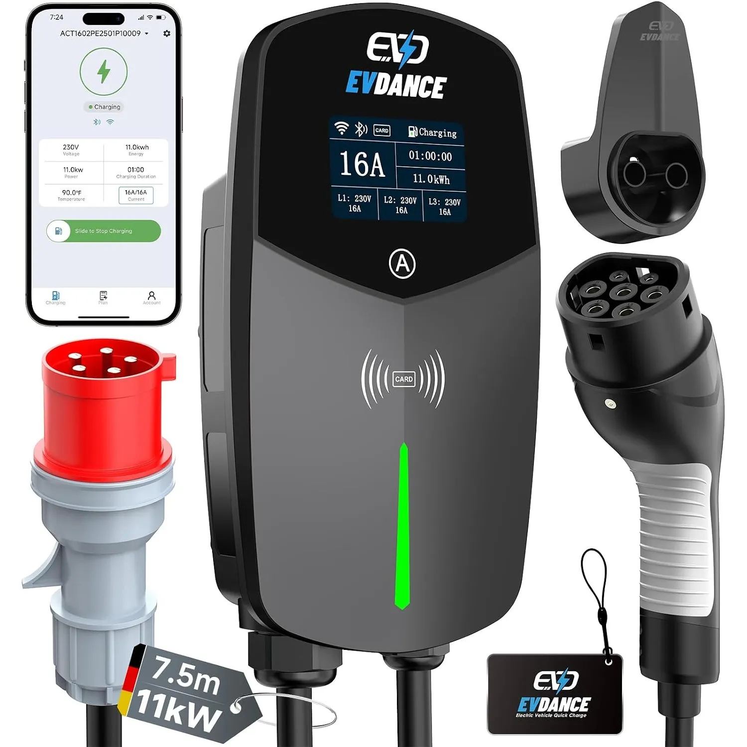 EVDANCE Wallbox 11kW mit APP Typ 2 Ladekabel für Zuhause BEV/PHEV