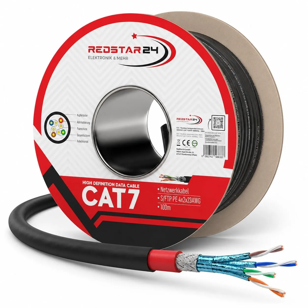 RedStar24 Cat7 Erdkabel 100m Outdoor LAN Kabel S/FTP AWG23/1 UV-beständig | PE Doppelmantel, PoE, direkte Erdverlegung,…