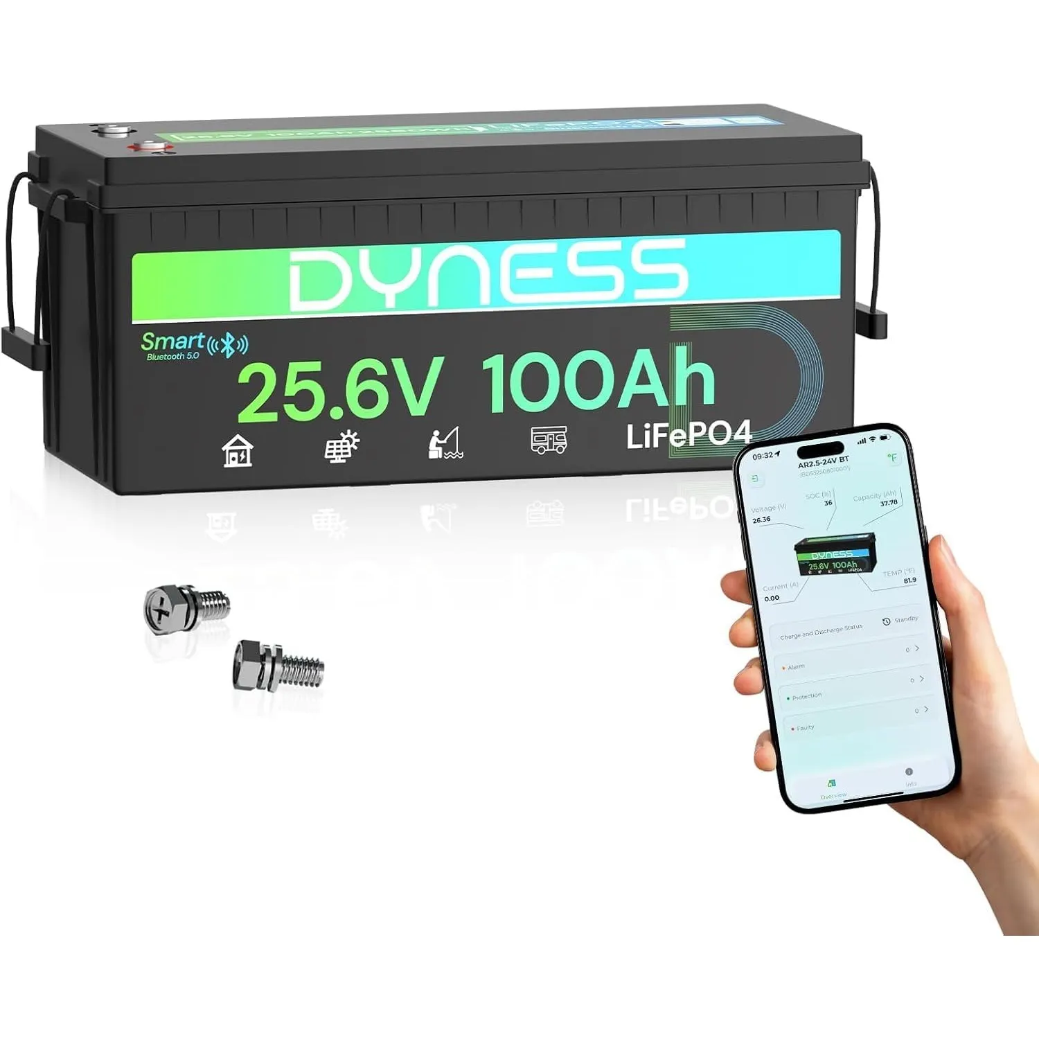 Dyness 24V 100Ah LiFePO4 Lithium Batterie mit Integriertem 100A BMS und Tieftemperaturschutz, ideal für 24V Trolling-Mo…