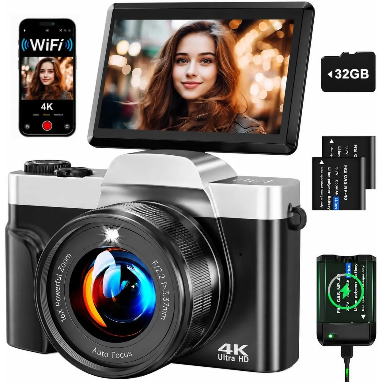 Digitalkamera 4K 64MP mit WLAN, Autofokus Vlogging-Kamera & Webcam, 3″ 180° Klappdisplay, 16-Fach Digitalzoom, Verwackl…