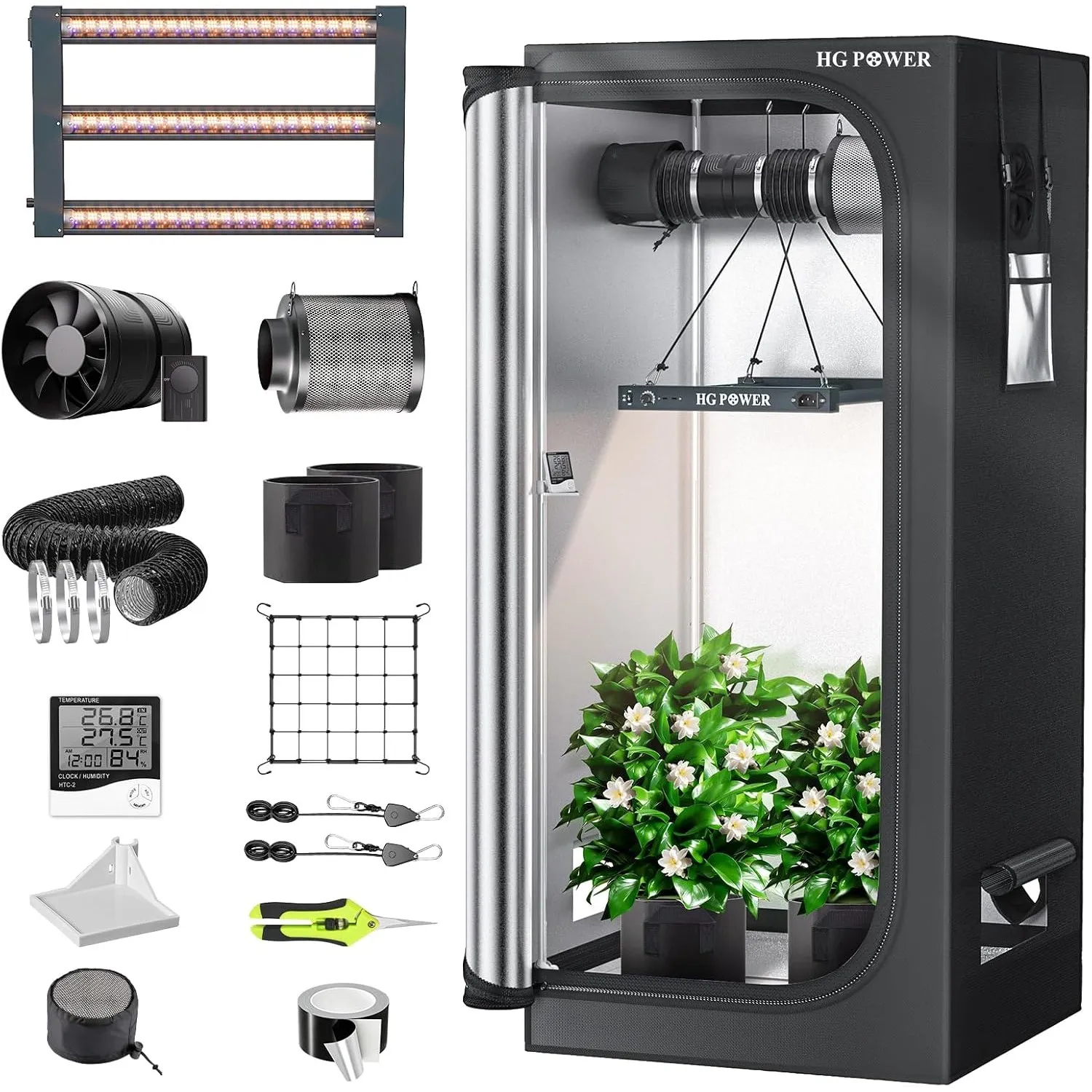 HG Power Growzelt Komplettset 70x70x160cm mit 160W LED Pflanzenlampe