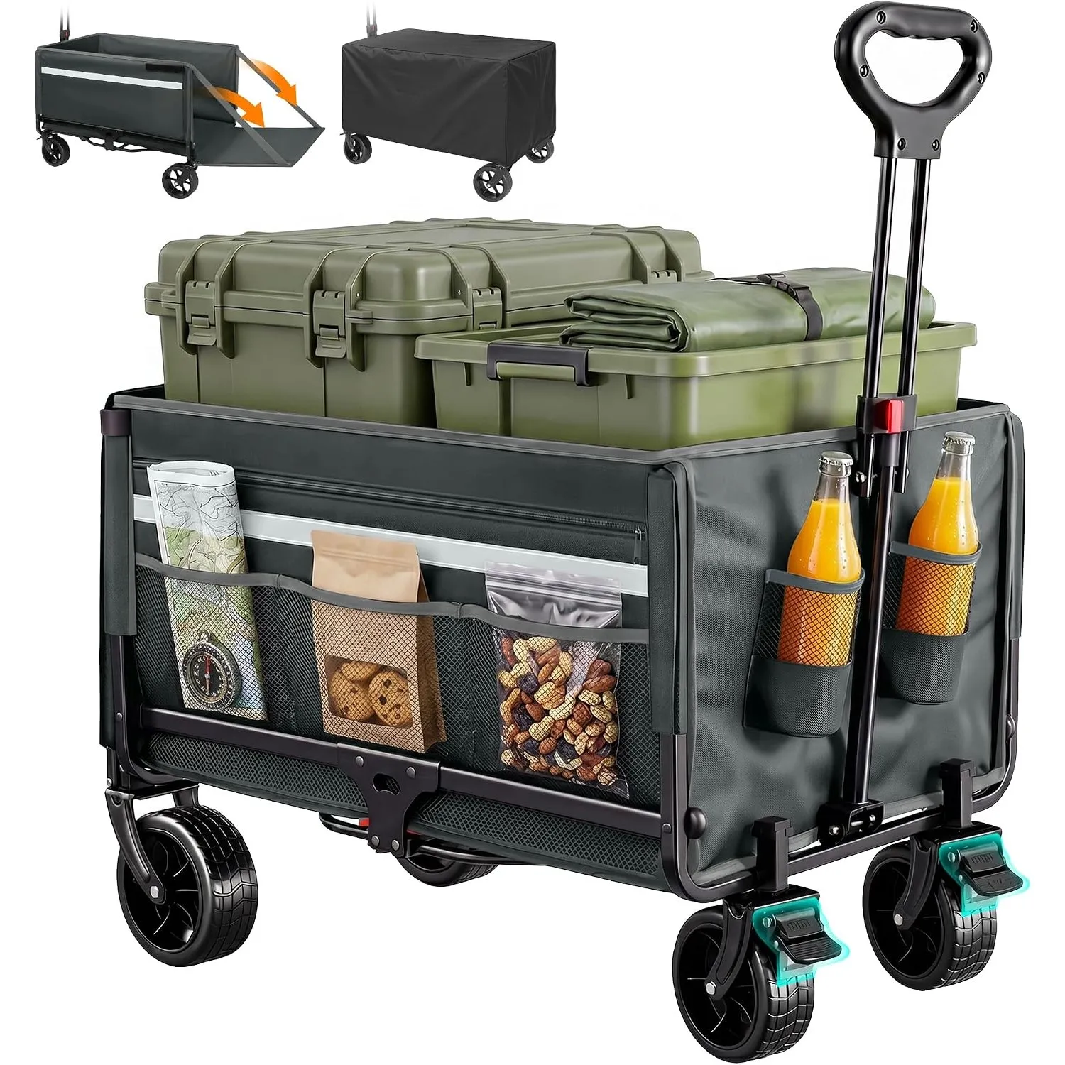 Bollerwagen Faltbar 120L+, Bis 150kg mit Heckklappe, Regenschutz, Bremsen