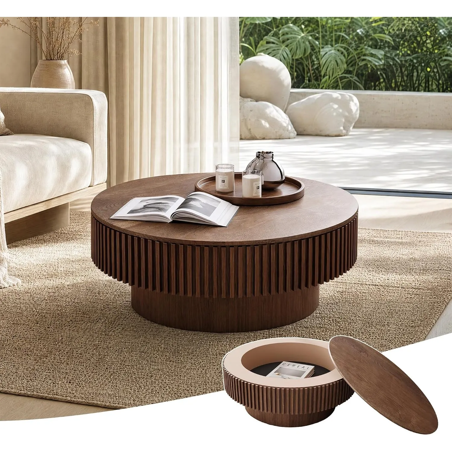 Couchtisch 75cm Rund Wohnzimmertisch mit Stauraum Gerillt, Nussbaum