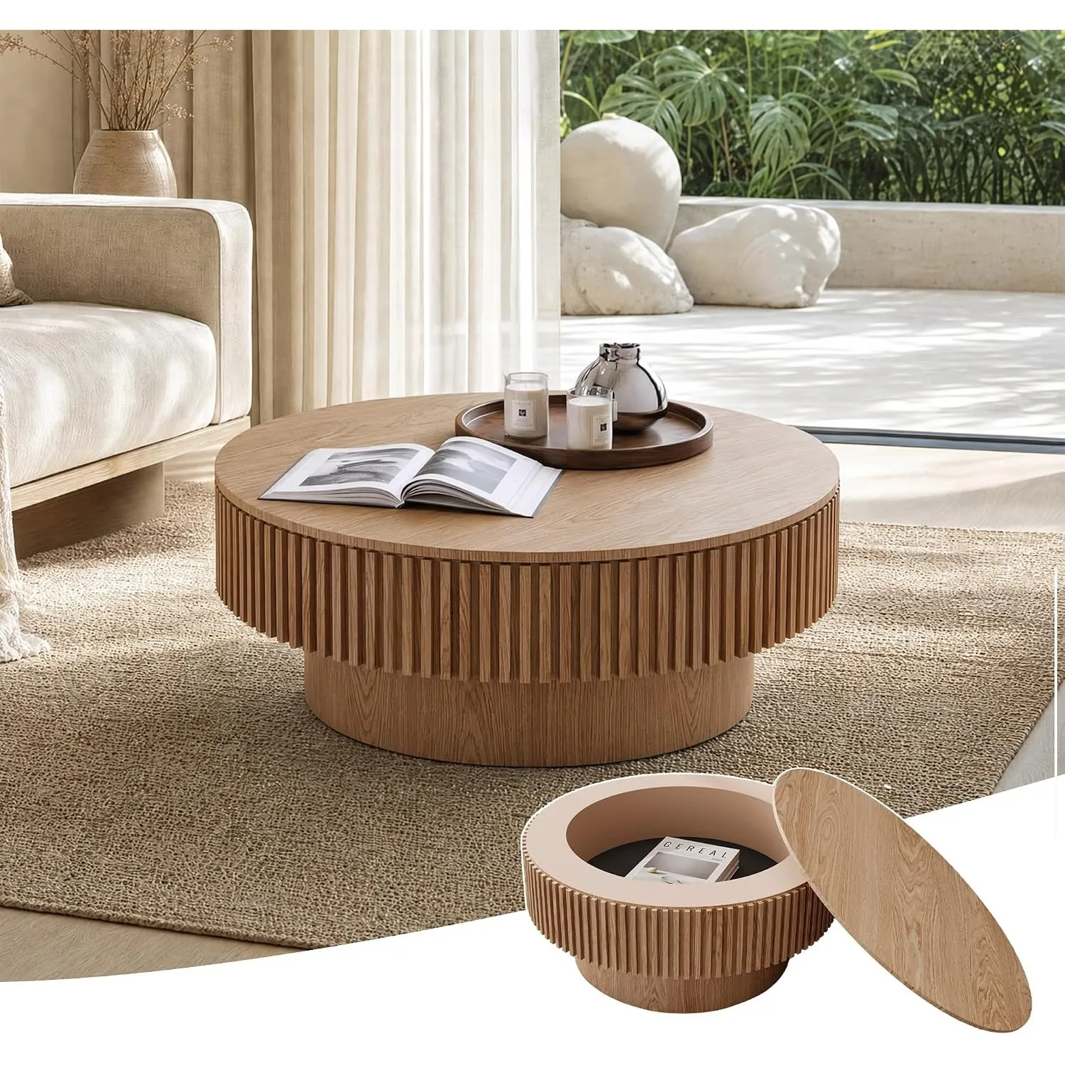 Couchtisch 75cm Rund Wohnzimmertisch mit Stauraum Gerillt, Natur
